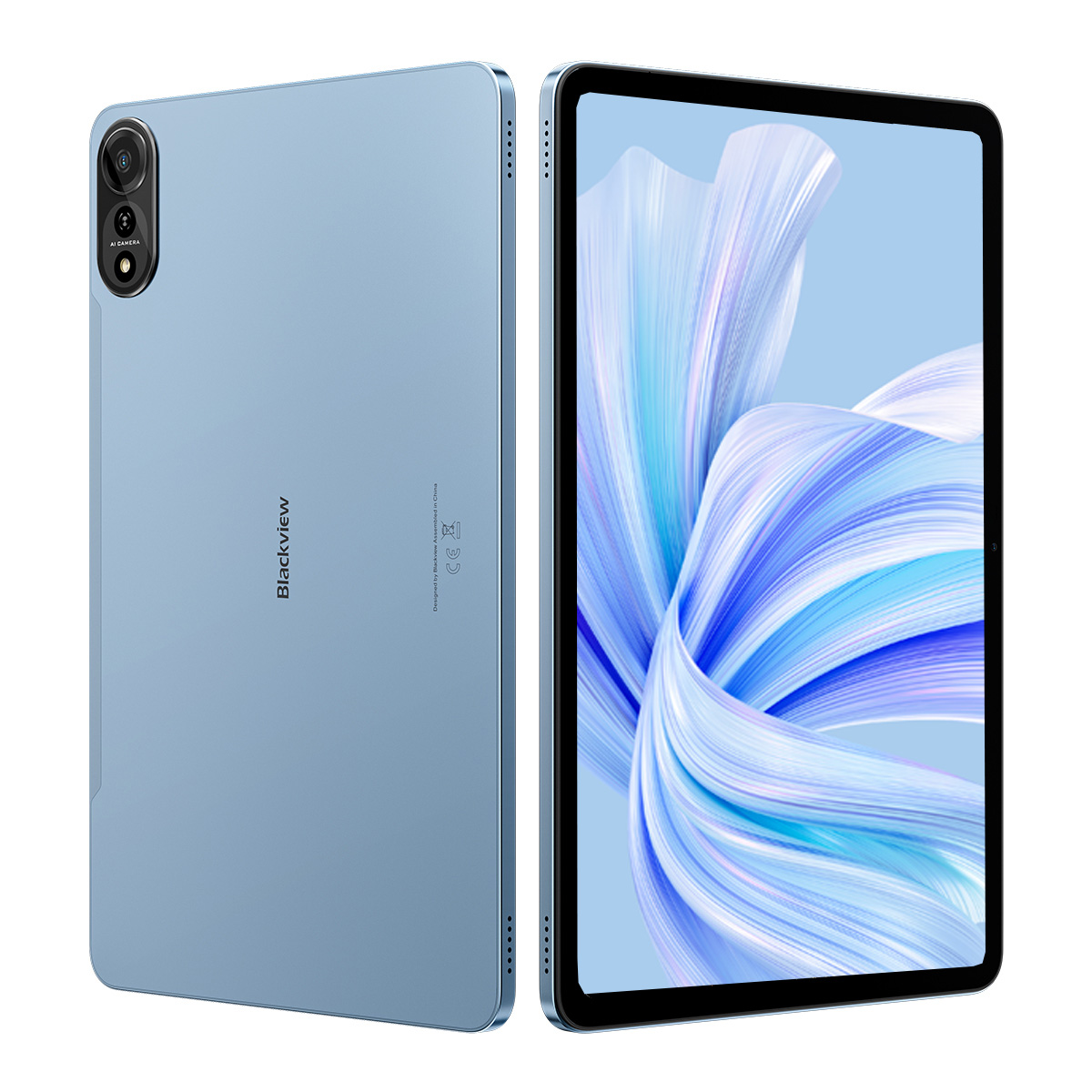 Una tableta azul claro con una cámara en la parte trasera y una pantalla que muestra líneas.