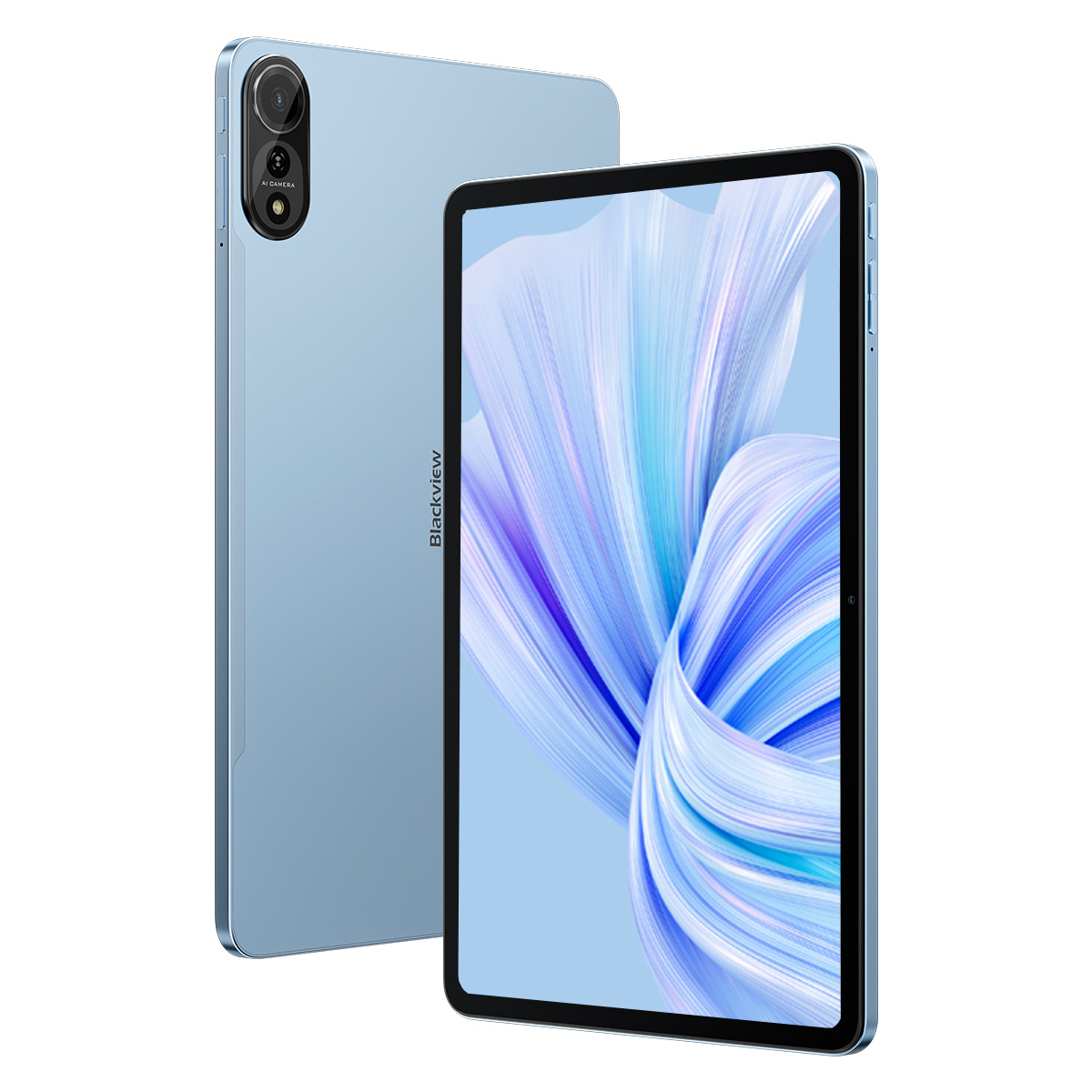 Tableta azul con dos cámaras en la parte trasera y pantalla en la parte delantera.