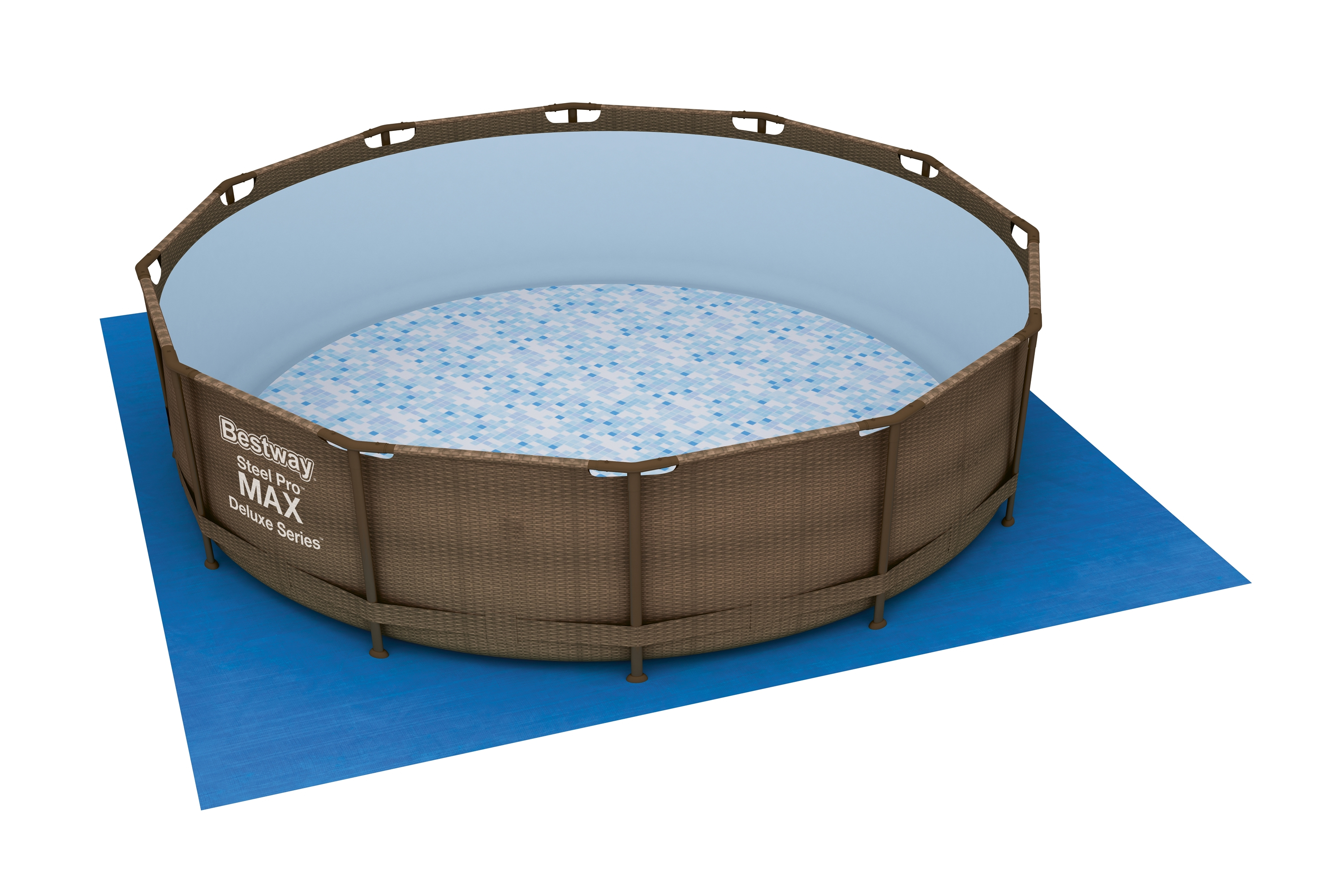 Runder brauner Pool mit Wasser, auf blauer Matte, weißer Hintergrund.