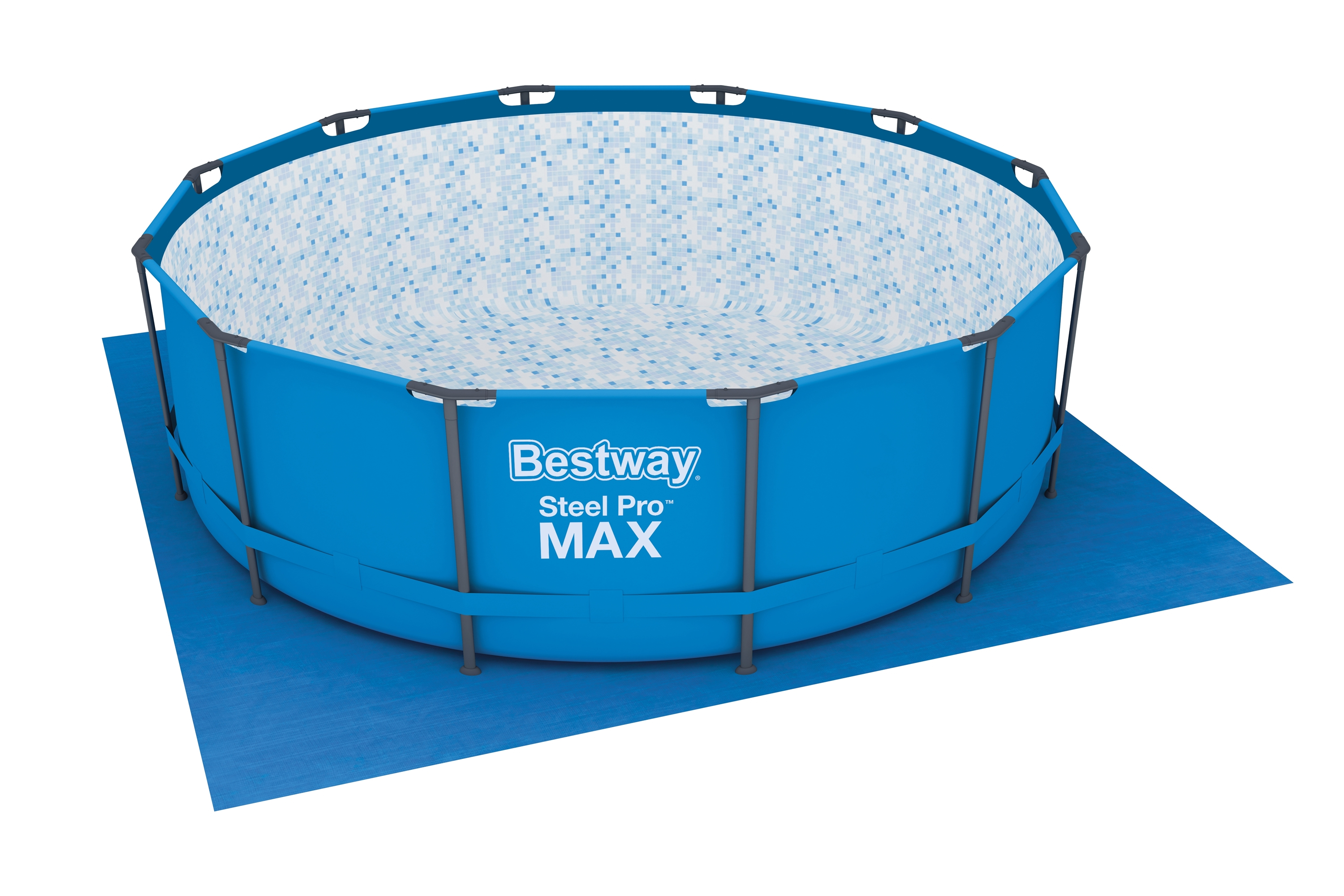 Blauer Pool mit Wasser, auf blauer Matte, weißer Hintergrund.