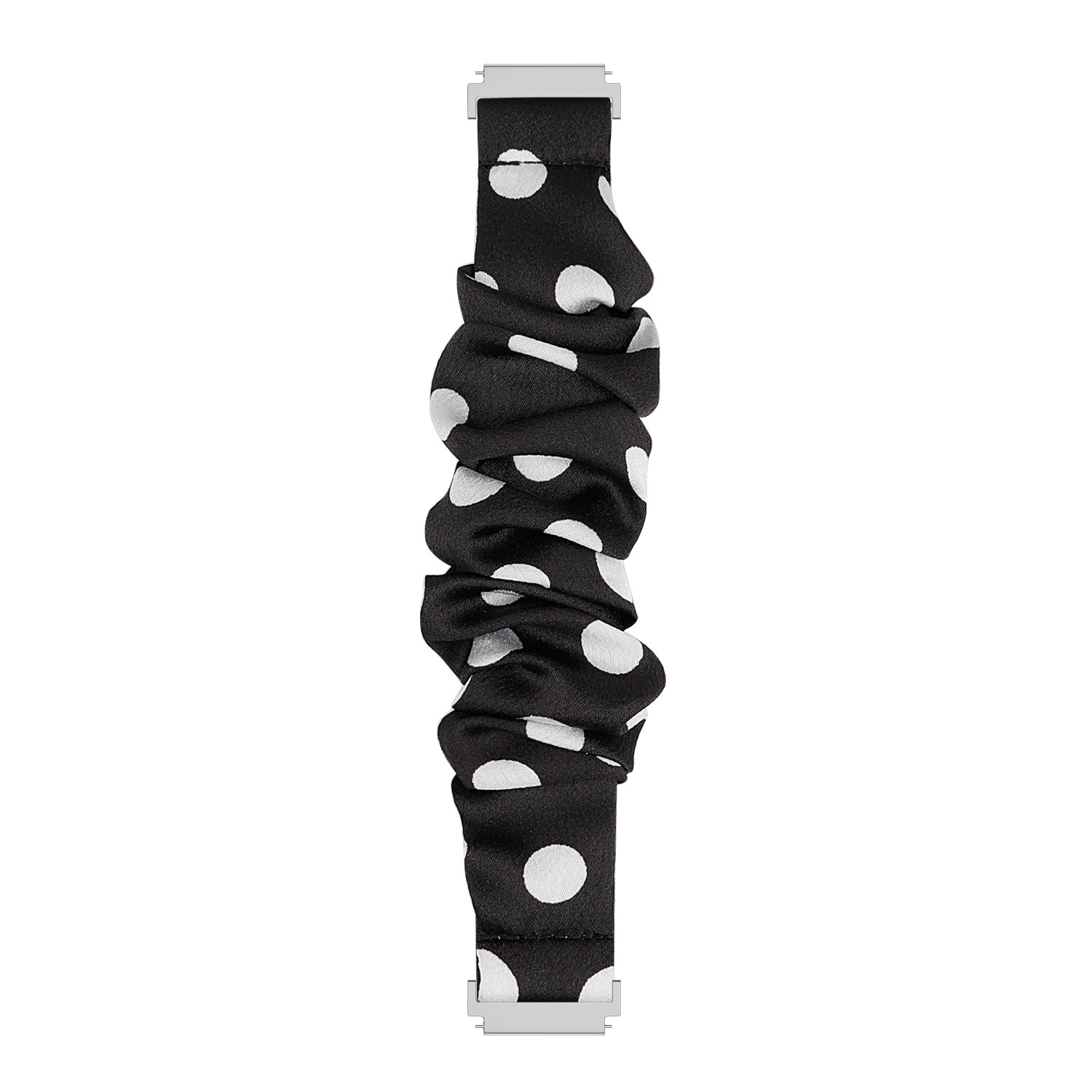 Schwarzes Uhrenarmband mit weißen Tupfen. Das Uhrenarmband hat ein Scrunchie-Design.
