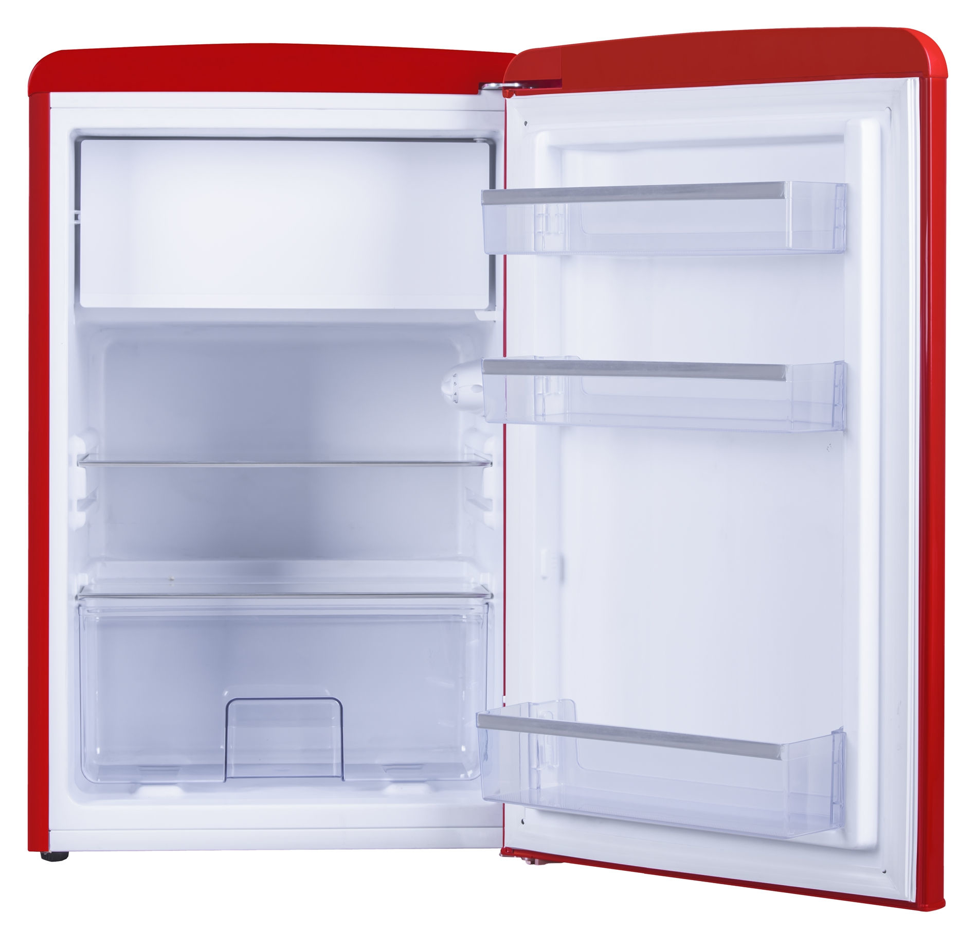 Ein roter Kühlschrank mit offener Tür, der das weiße Innere zeigt.