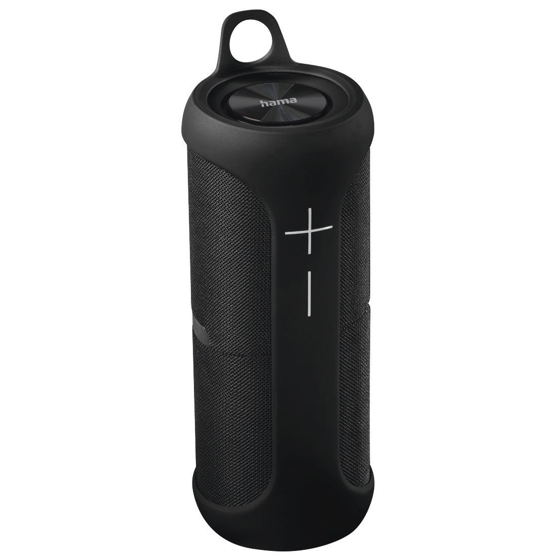 Czarny, cylindryczny głośnik z uchwytem i przyciskami głośności.