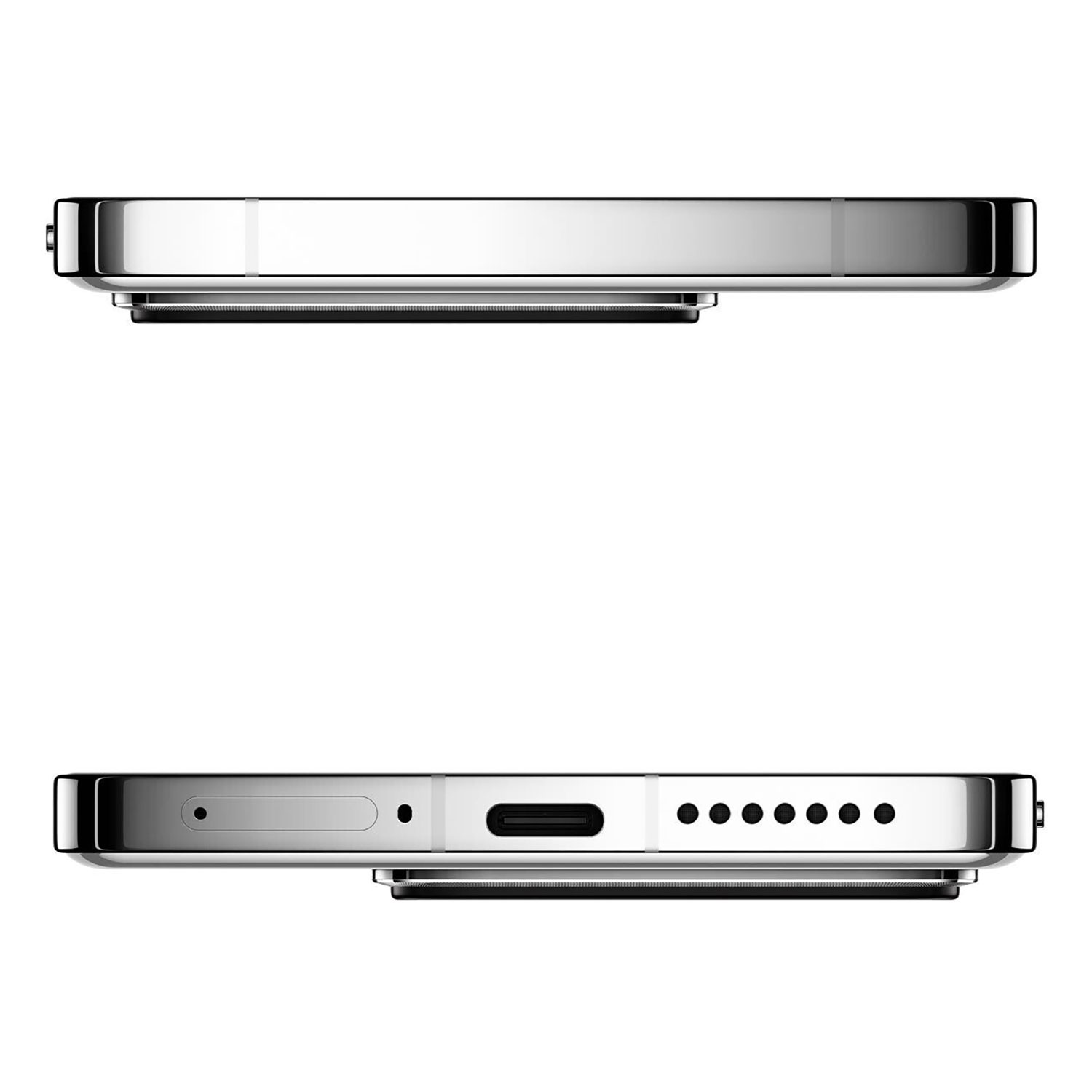 Widok z boku telefonu, srebrny kolor. Pokazuje dół z portem ładowania i głośnikami.