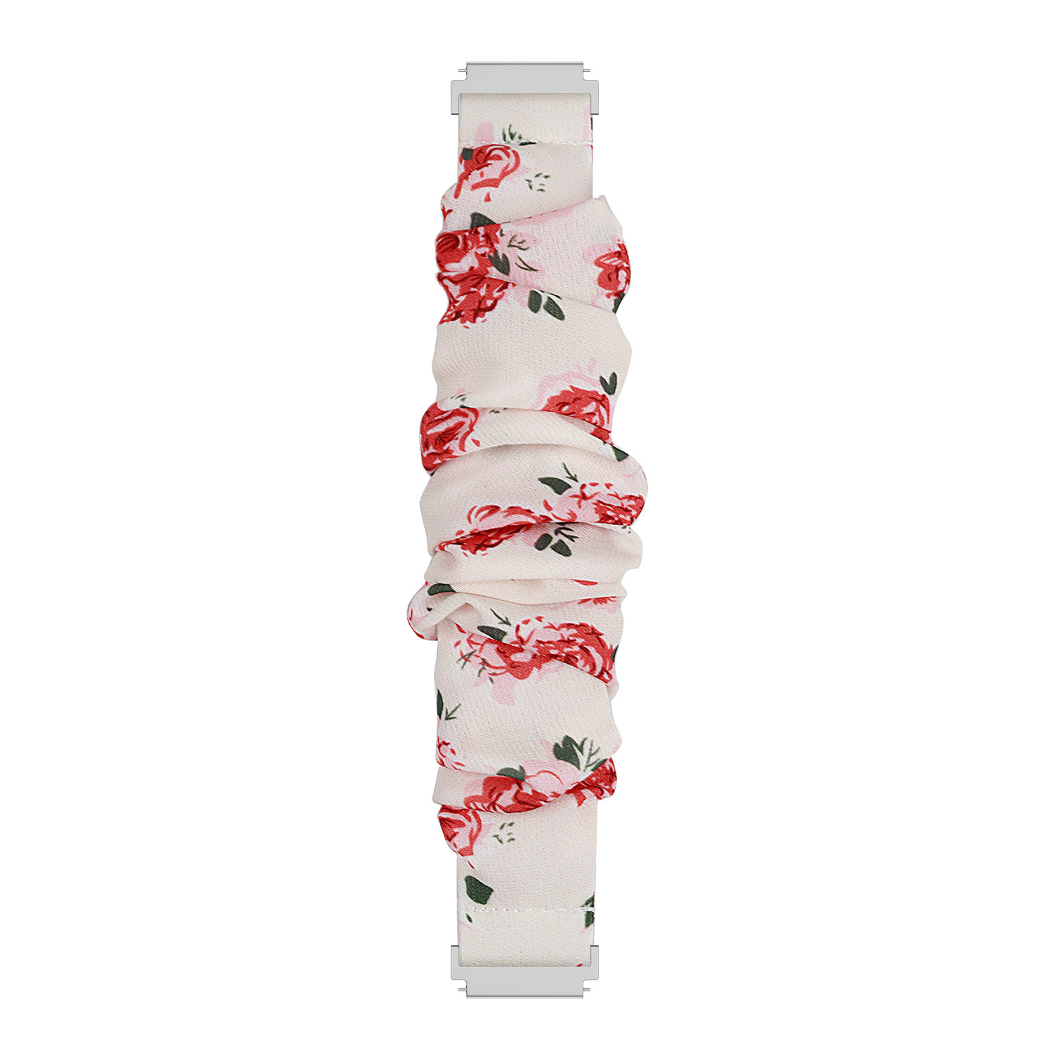 Cremefarbenes Uhrenarmband mit rotem Rosenmuster und Rüschendesign. Silberne Metallverschlüsse.