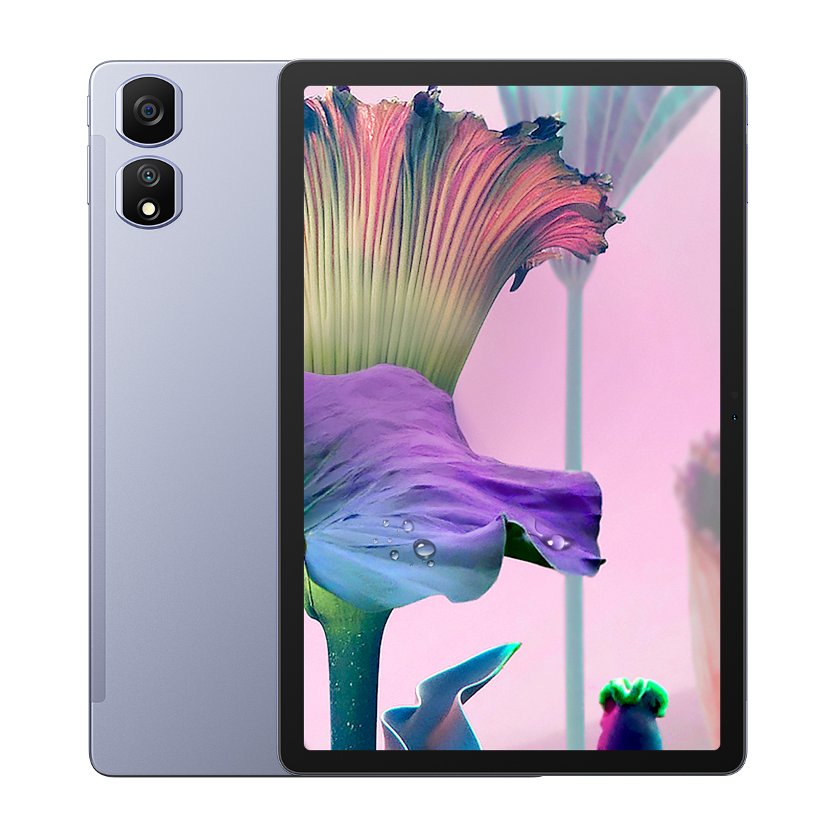 Una tableta con una imagen de una flor en la pantalla, la parte trasera es azul claro con dos cámaras.
