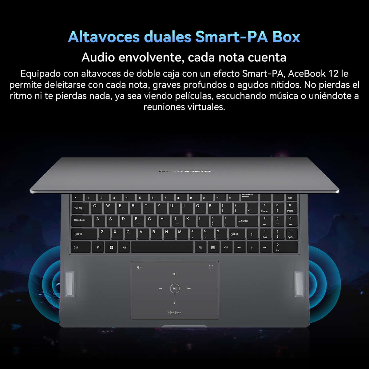 Teclado de portátil con panel táctil e iconos de ondas de sonido, sobre una superficie oscura.