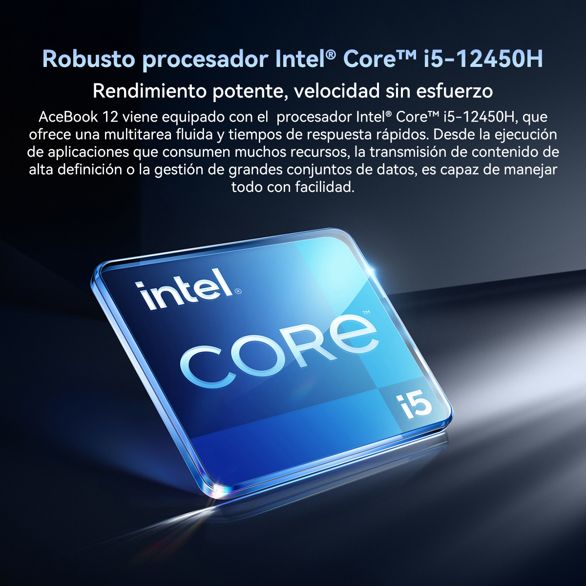 Primer plano de un procesador Intel Core i5 azul con texto. Imagen centrada en tecnología.