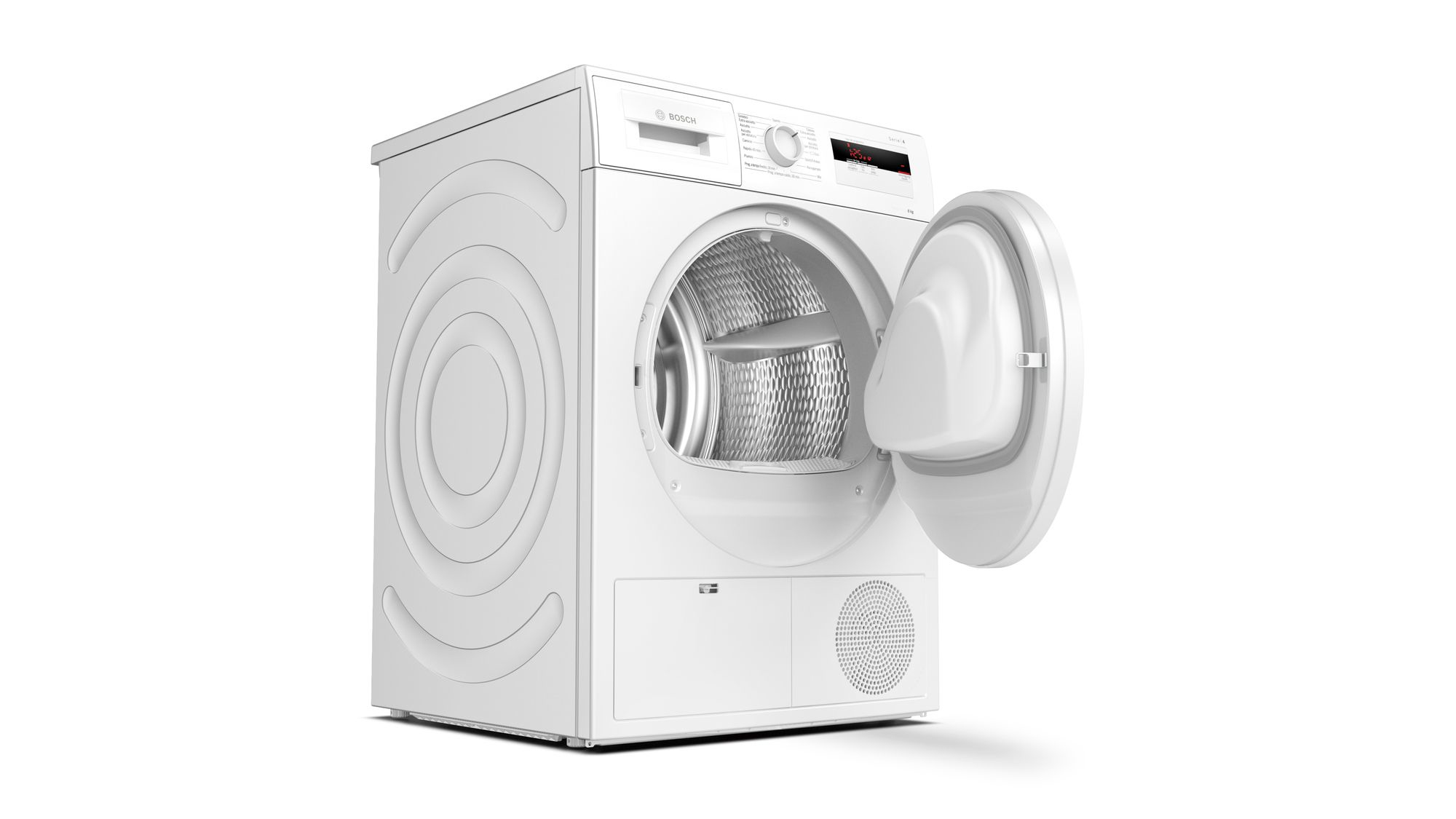Un elettrodomestico bianco con uno sportello rotondo aperto che rivela un cestello in metallo, su uno sfondo bianco.