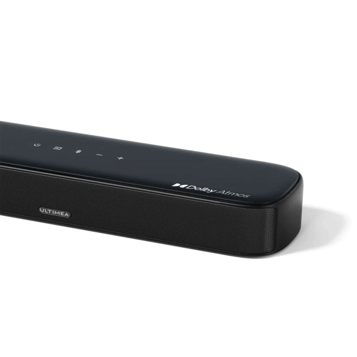 Czarny soundbar z logo Dolby Atmos na białym tle.