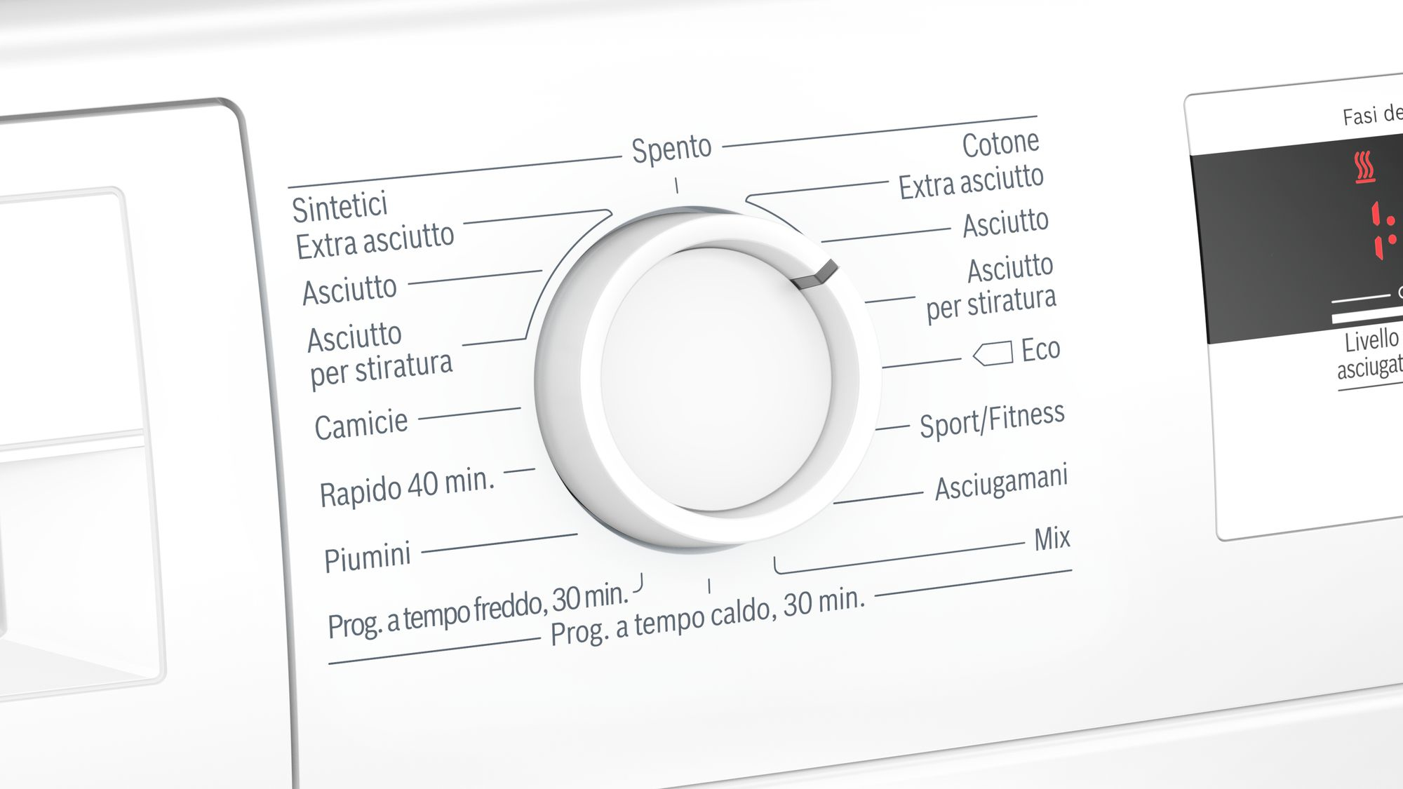 Pannello di controllo dell'asciugatrice bianco con quadrante e display con impostazioni.