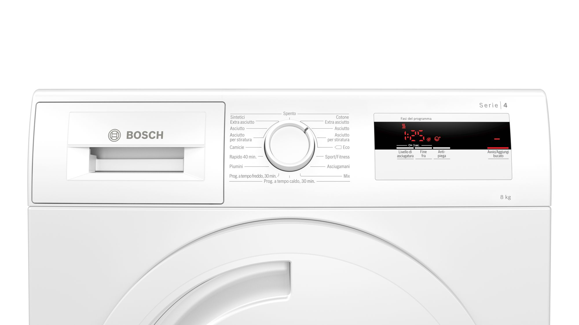Pannello di controllo della lavatrice con display, logo del marchio e pulsanti.