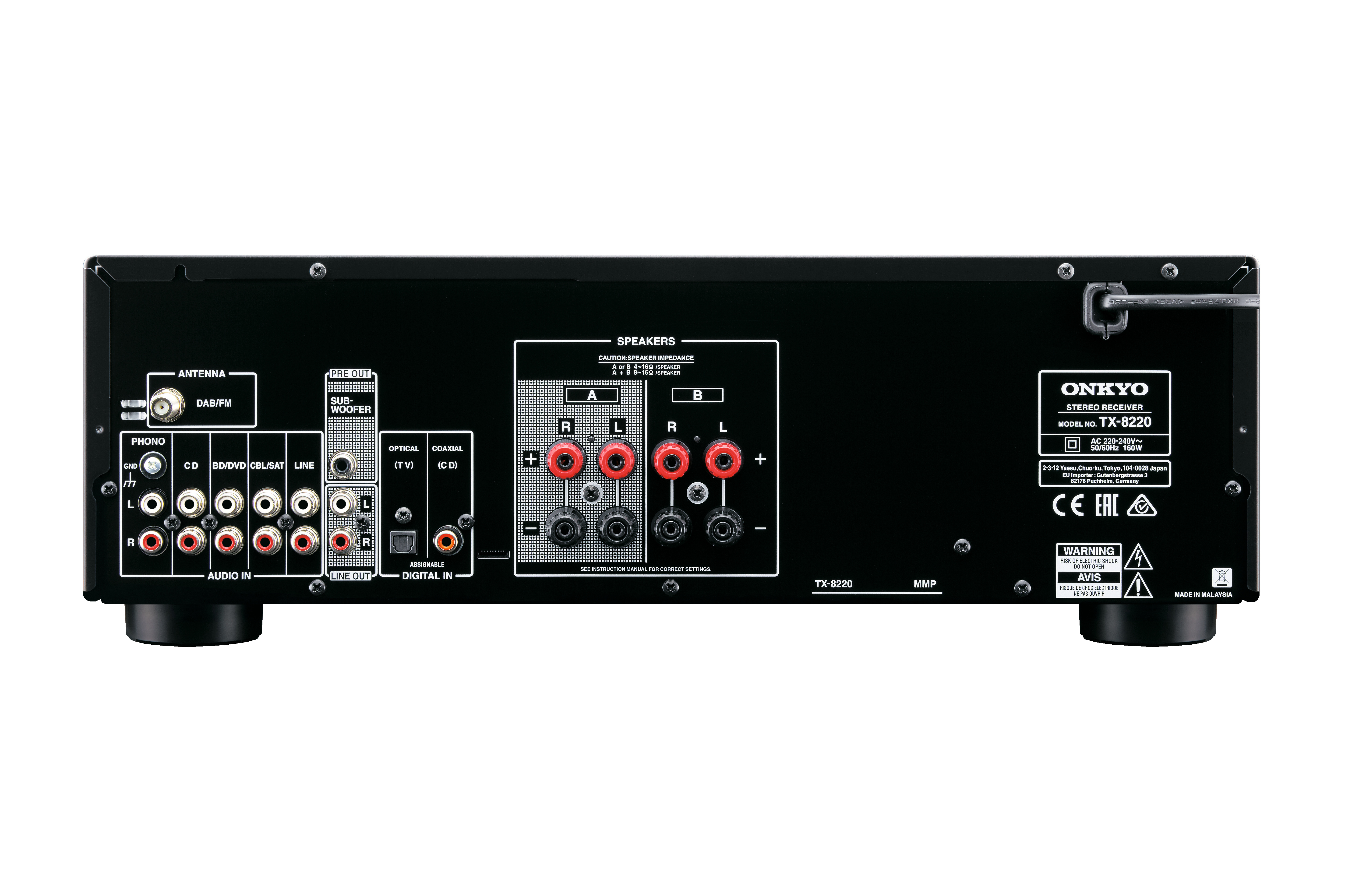 Rückseite eines schwarzen Stereo-Receivers mit Anschlüssen und Knöpfen.