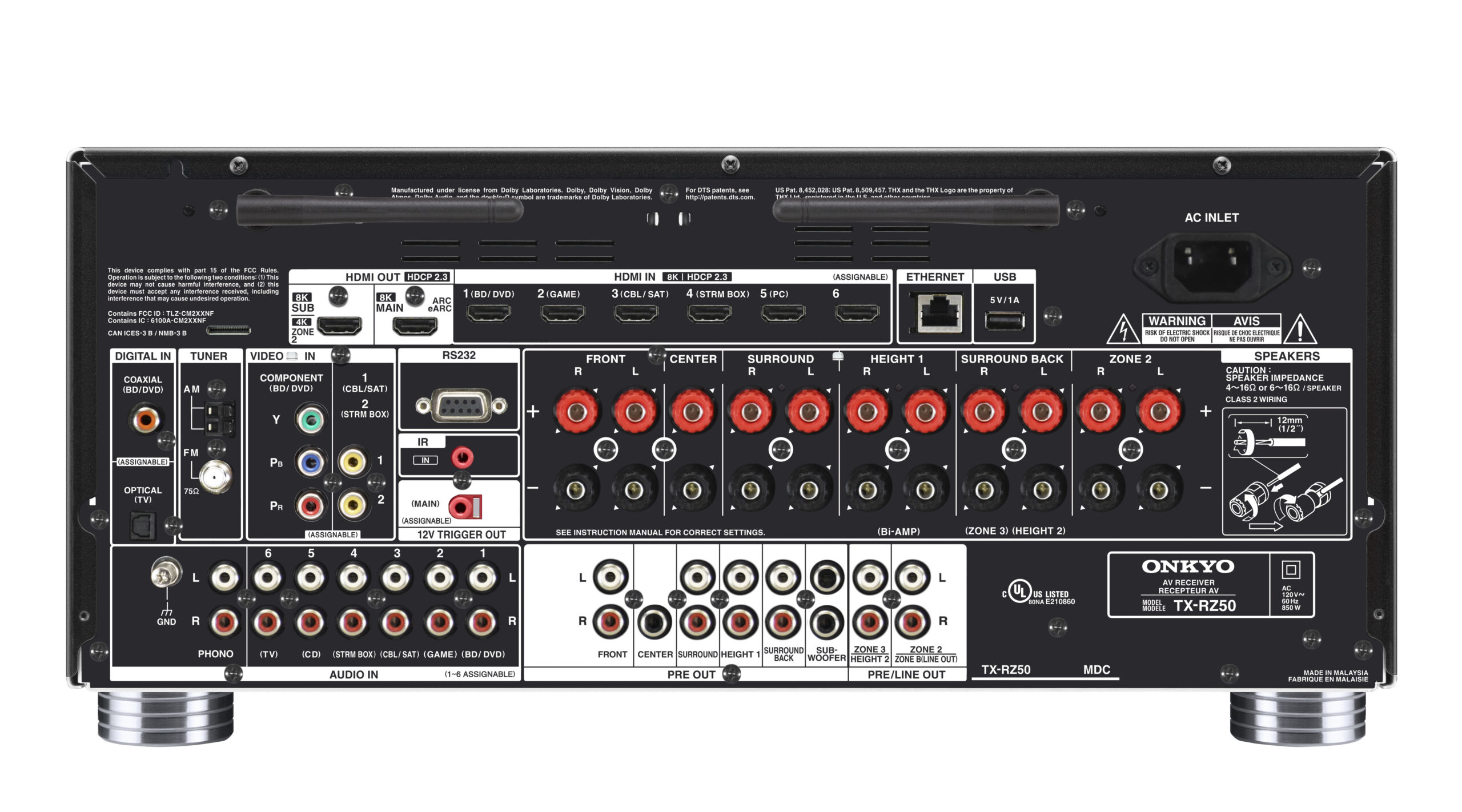 Rückseite eines Audio-Receivers mit mehreren Anschlüssen, beschriftet und Anschlüssen. Silberne Füße.