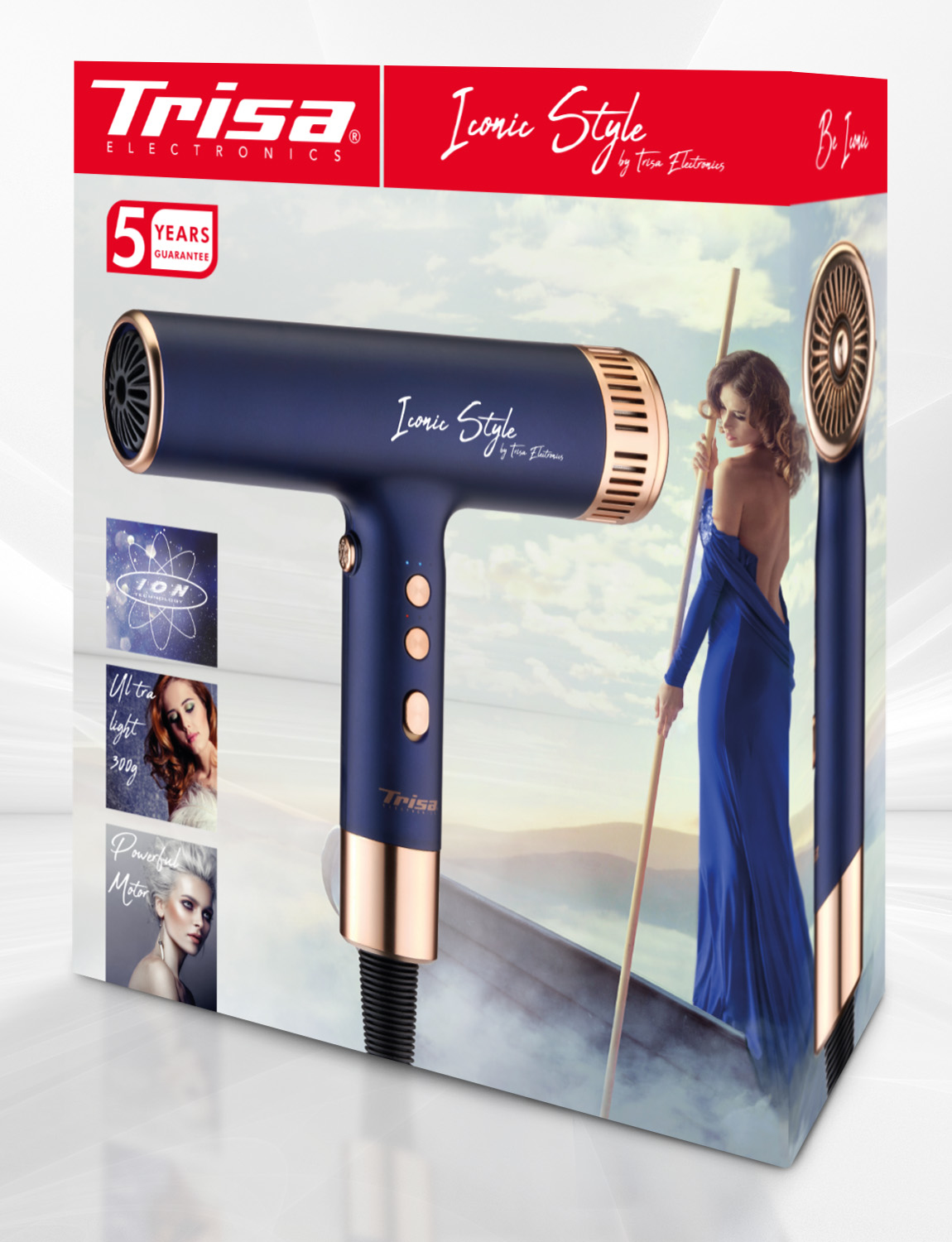 Boîte avec sèche-cheveux bleu et doré, une femme et les mots Iconic Style.