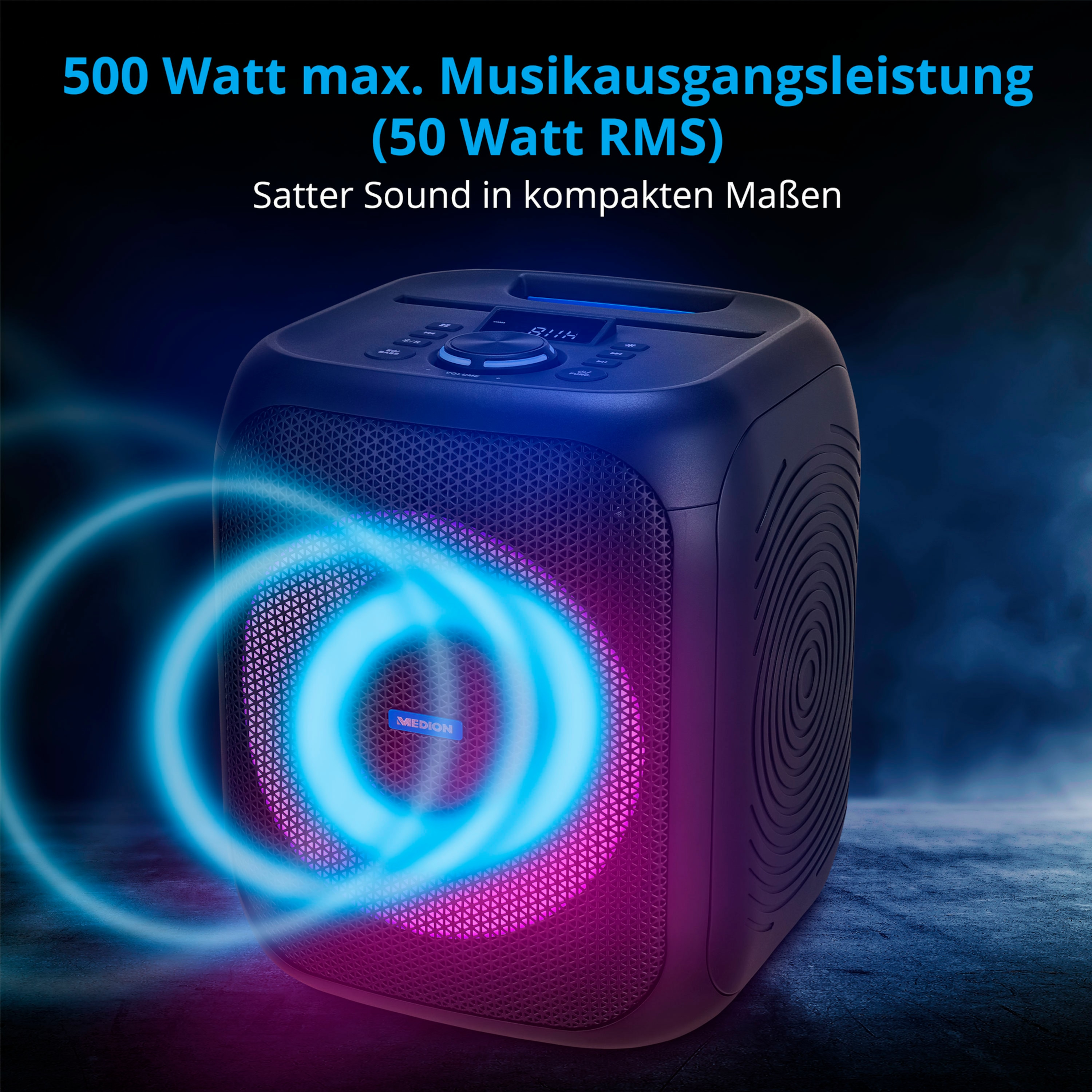 Zwarte luidspreker met blauwe en roze geluidsgolven, vermogen 500 Watt max.