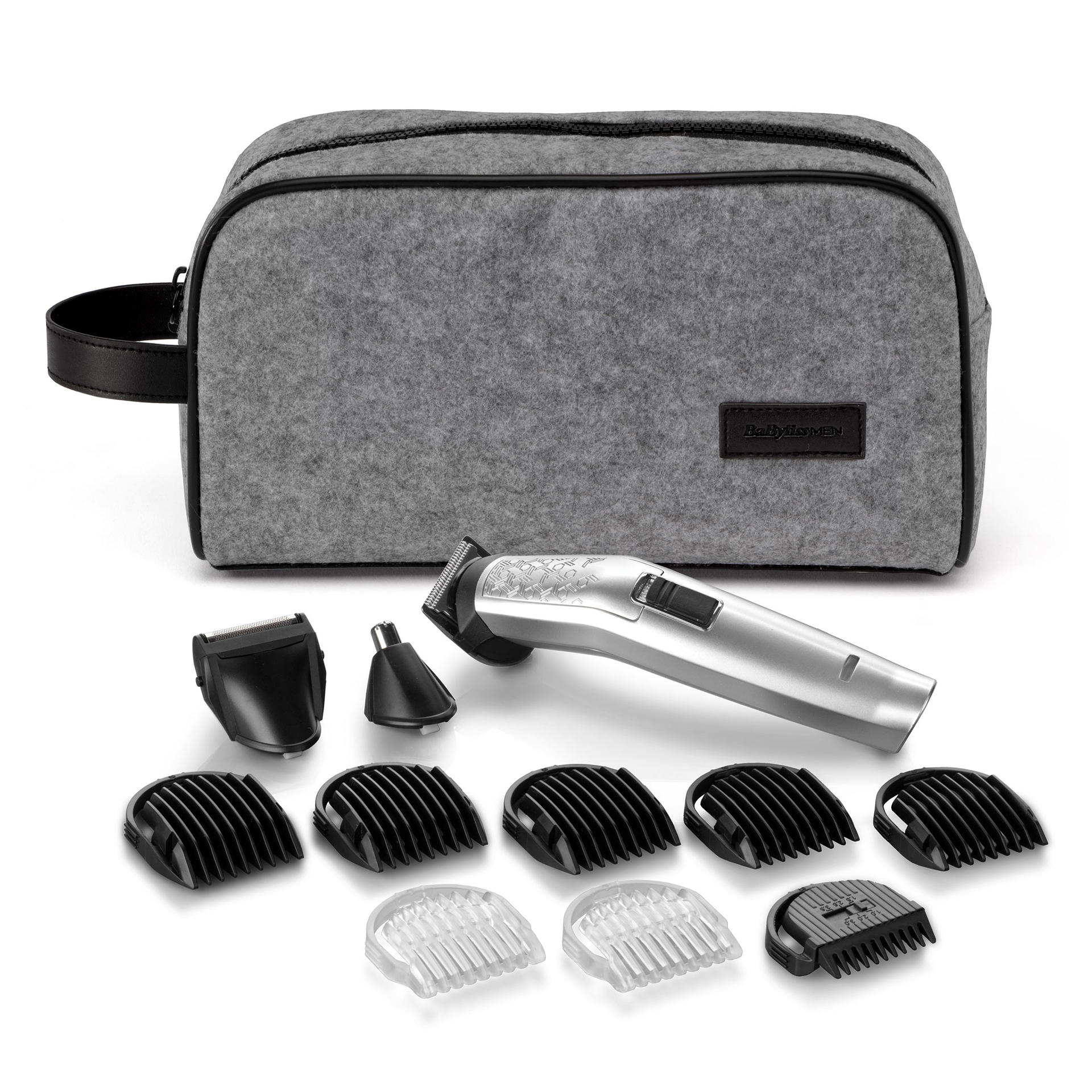 Pflegeset mit grauem Etui, silbernem Trimmer und verschiedenen Aufsätzen auf weißer Oberfläche.