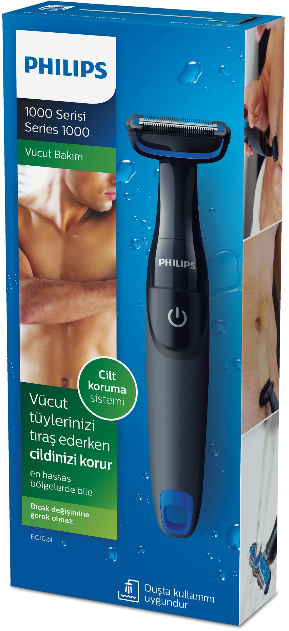 Mavi ve siyah Philips vücut bakımı cihazı bir kutuda. Kutuda erkek gövdesi gösteriliyor.