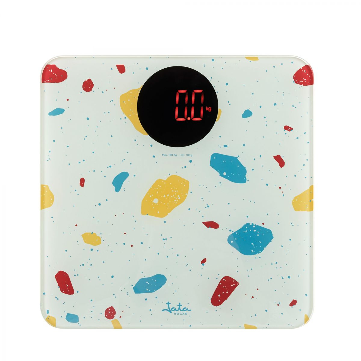 Biała waga z kolorowymi plamami i czarnym wyświetlaczem cyfrowym pokazującym 0,0 kg.