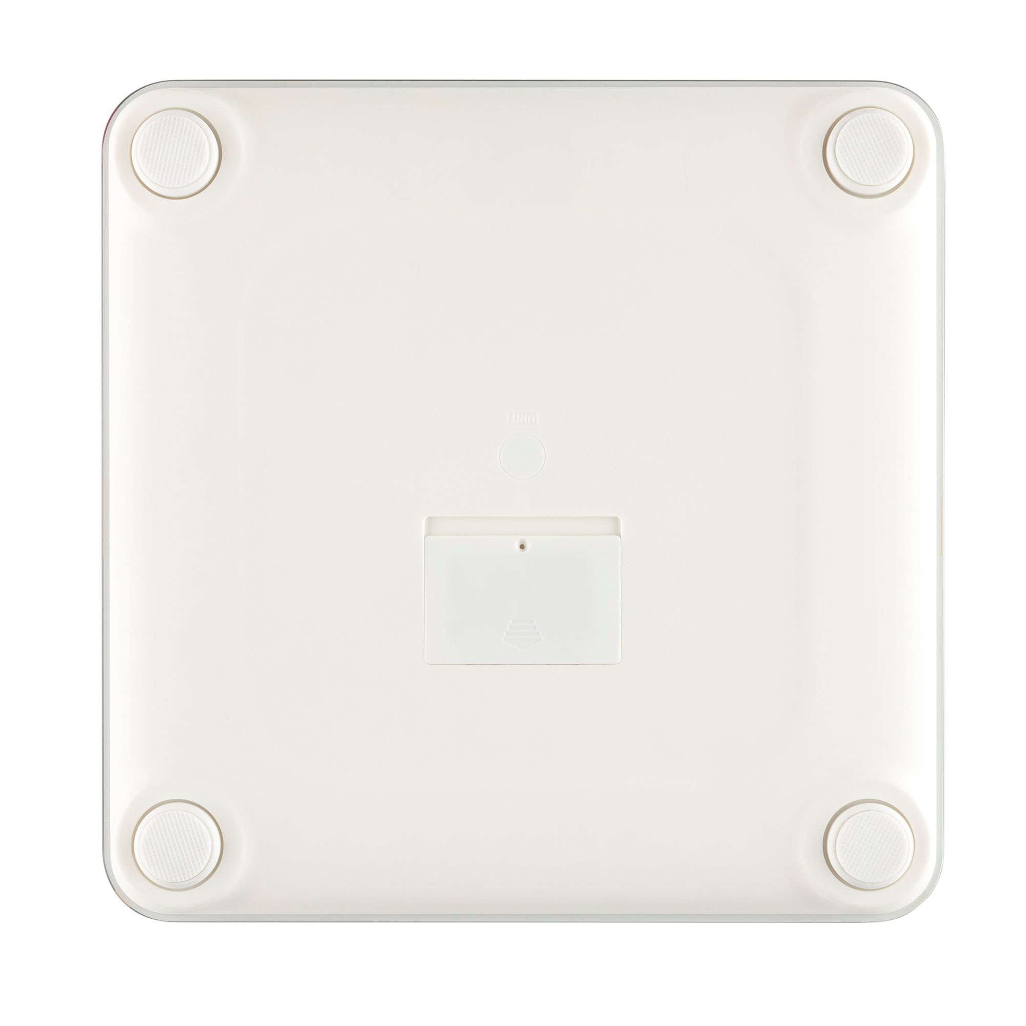 Biała, kwadratowa, cyfrowa waga kuchenna. Cztery gumowe nóżki. Komora na spodzie.