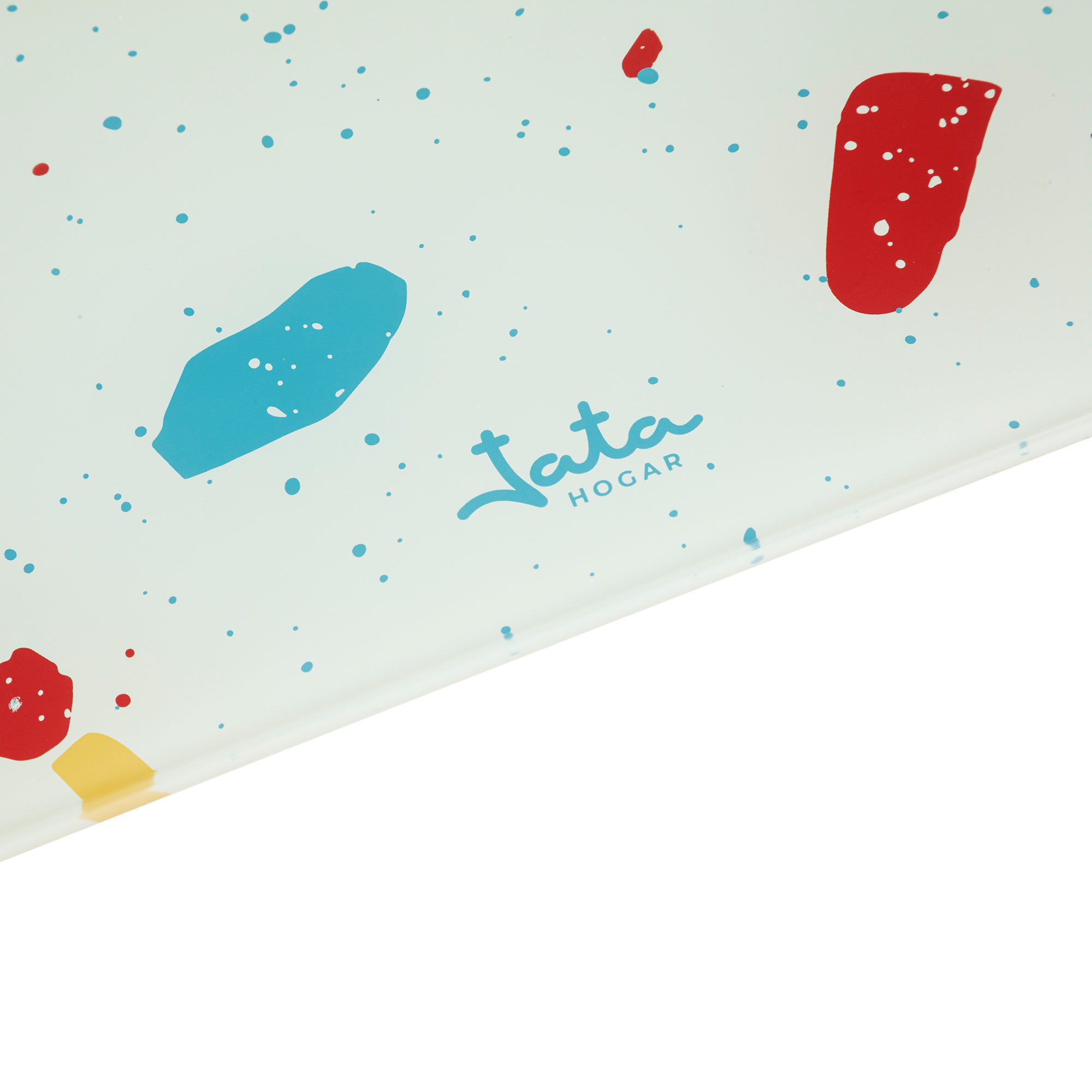 Biała taca z niebieskimi i czerwonymi abstrakcyjnymi kształtami i słowem Tata Hogar.