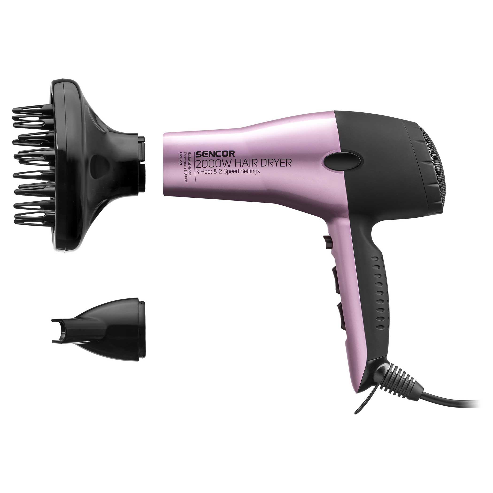 Un asciugacapelli rosa e nero smontato con accessori su sfondo bianco.