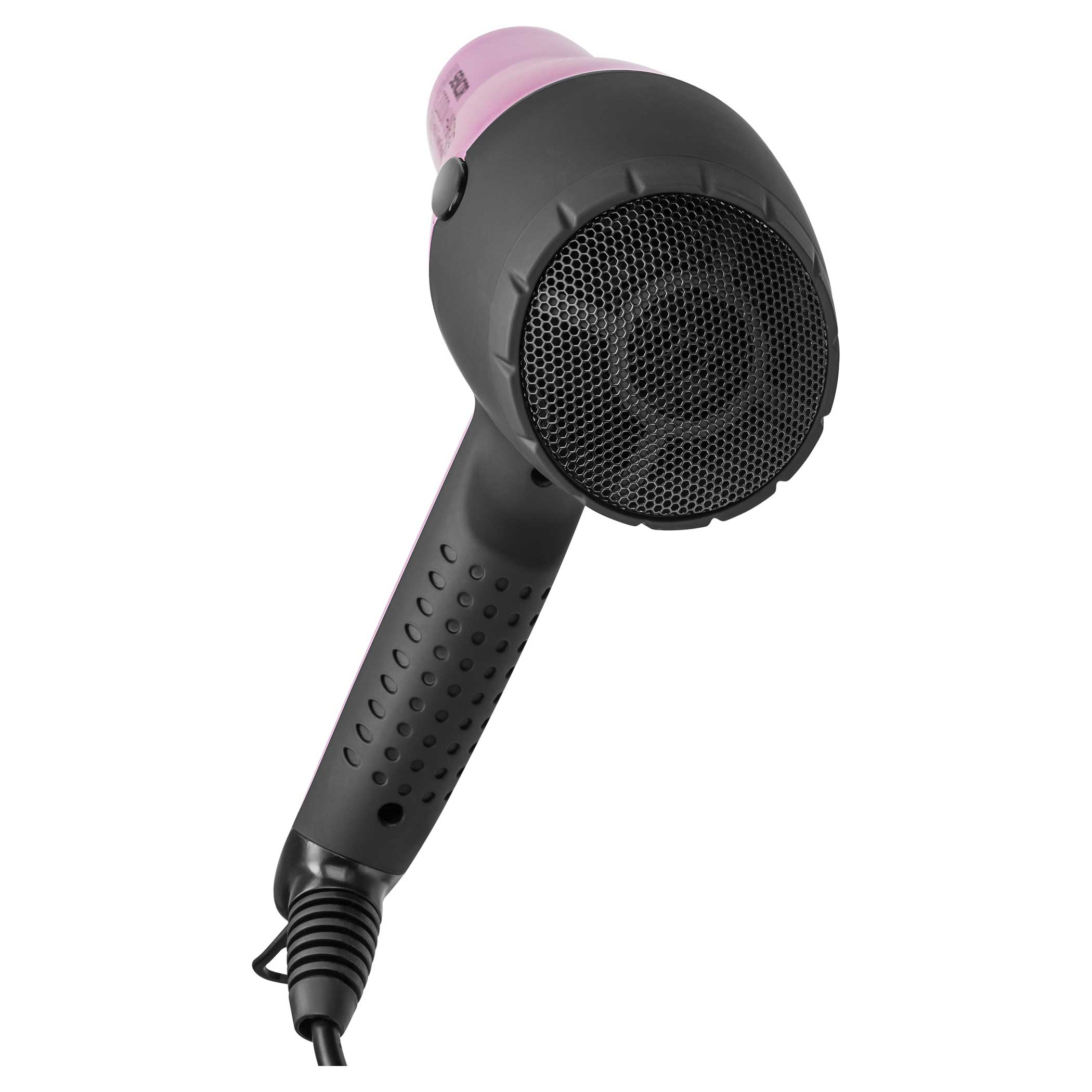 Asciugacapelli nero e rosa. La parte anteriore ha una copertura a rete. Pulsanti e cavo.
