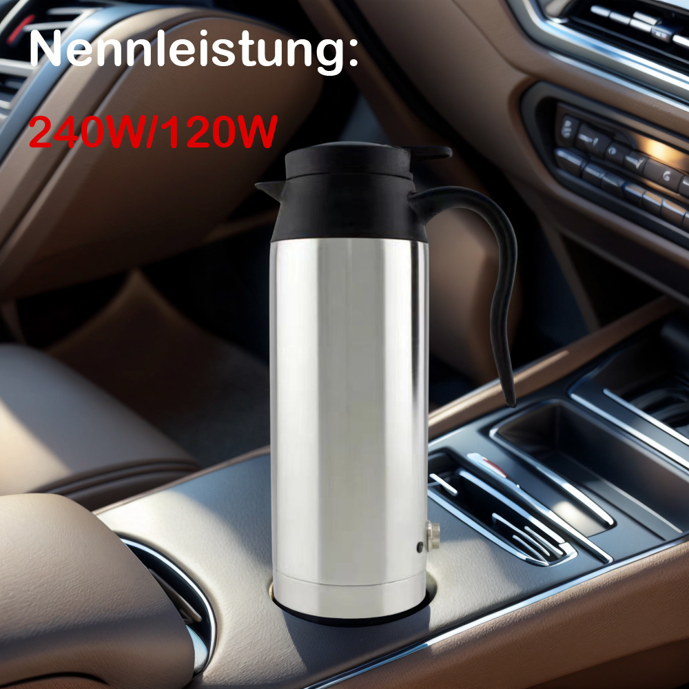 Edelstahl-Reisekessel im Auto-Getränkehalter. Text oben zeigt '240W/120W' und 'Nennleistung'.