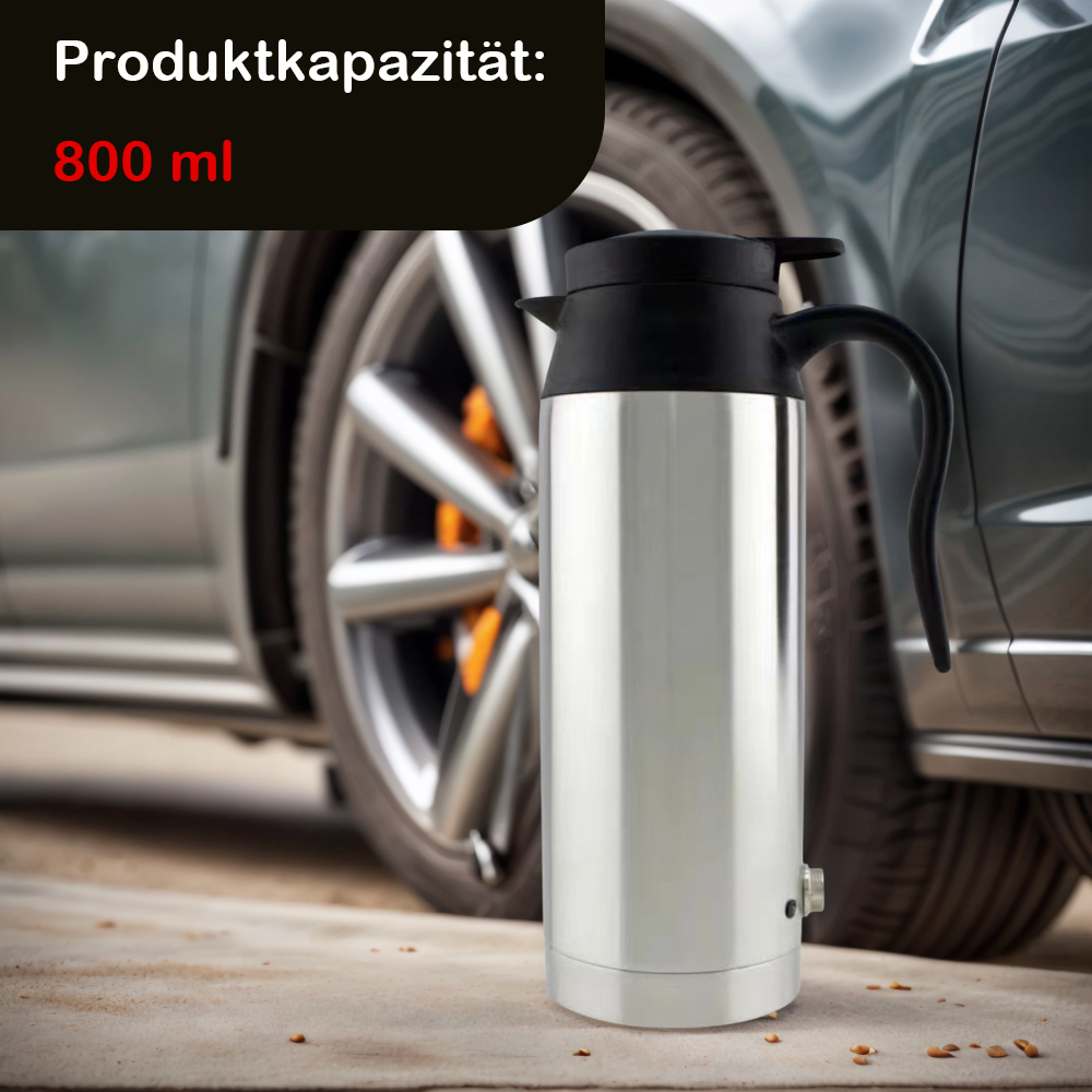 Silberne Isolierkanne mit schwarzem Griff, neben einem Auto, mit Text: 800 ml.