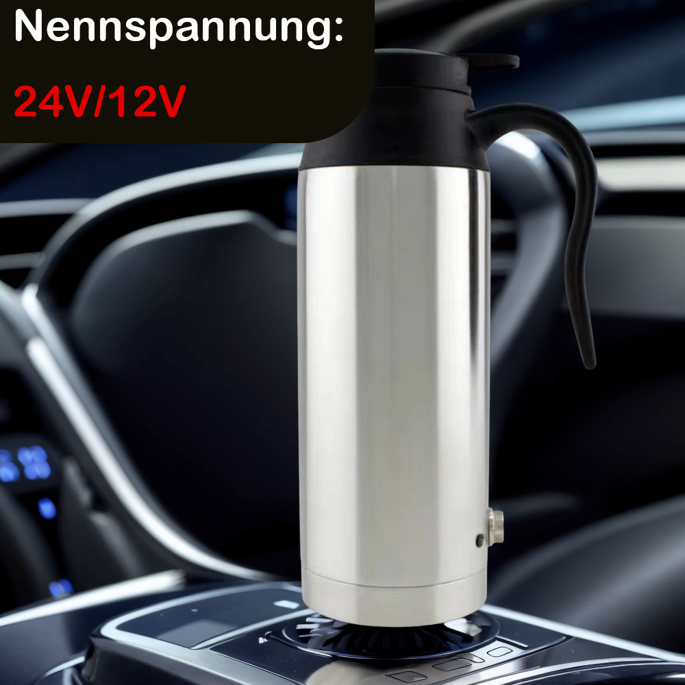 Ein silberner und schwarzer Wasserkocher im Auto, mit Text: "24V/12V".