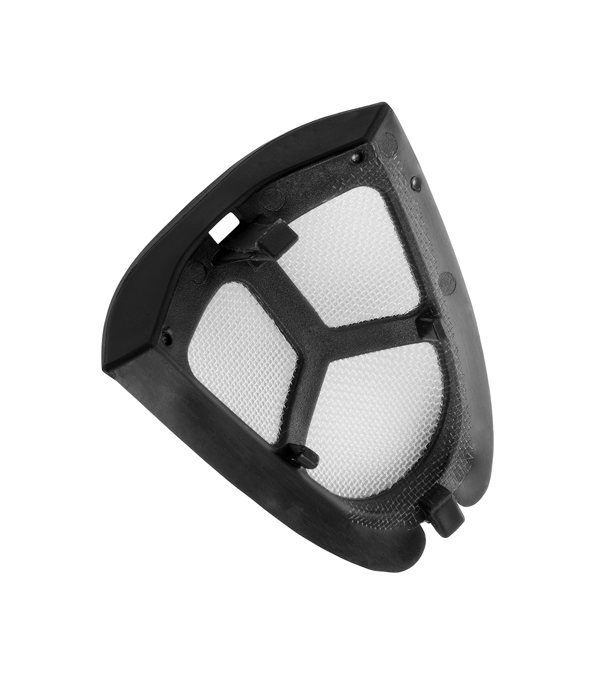 Czarny, trójkątny filtr do kawy z białą siatką. Filtr jest pod kątem. Białe tło.