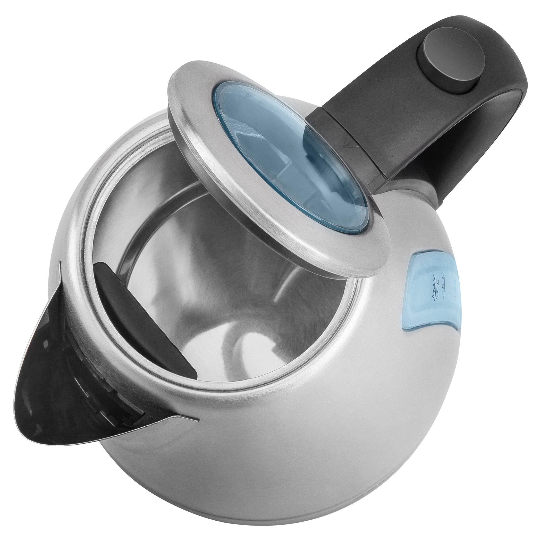 Ein Wasserkocher aus Edelstahl mit schwarzem Griff und blauem Licht. Der Deckel ist geöffnet.