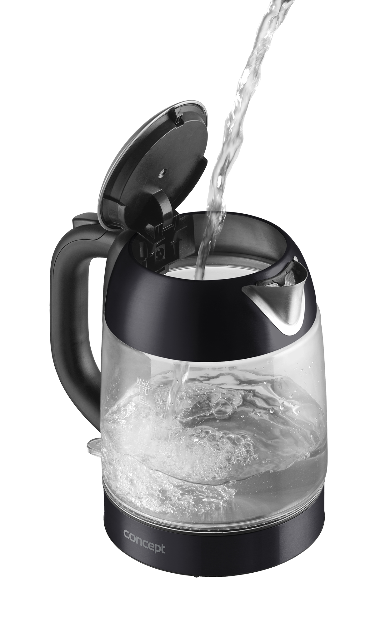 Bouilloire électrique en verre transparent, versant de l'eau, avec une poignée et une base noires.