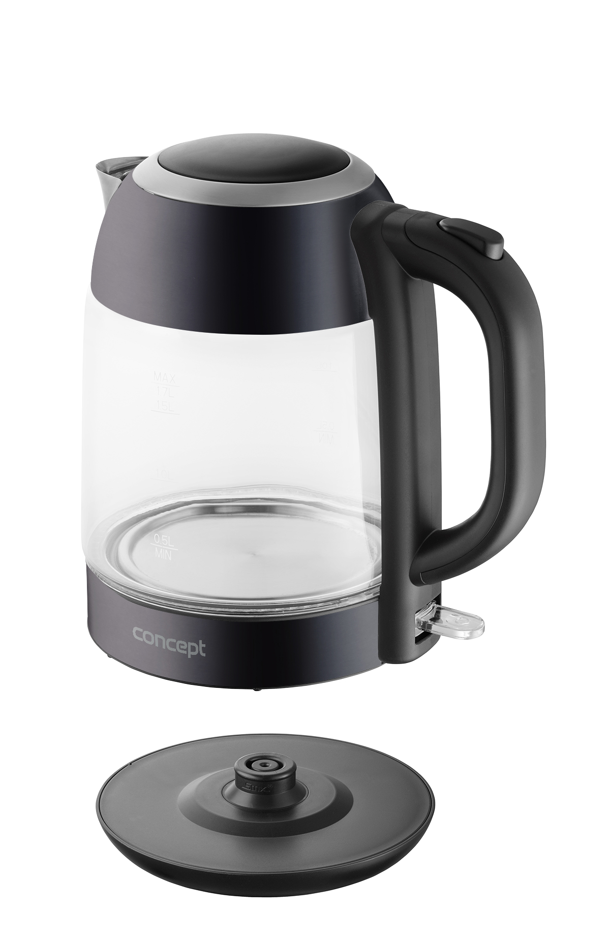 Une bouilloire électrique en verre noir et transparent avec une base noire, isolée sur fond blanc.