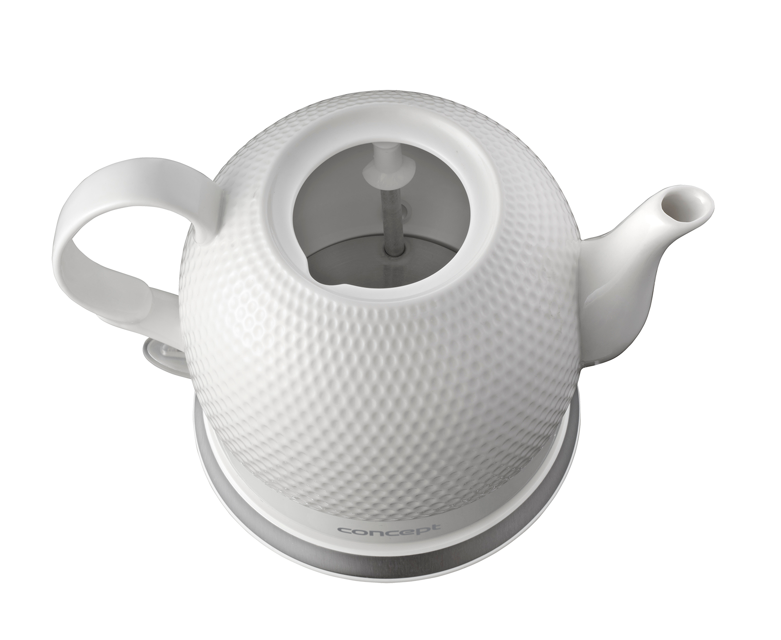 Biały, teksturowany czajnik elektryczny. Widok z góry. Widoczny uchwyt i wylew. Podstawa srebrna.