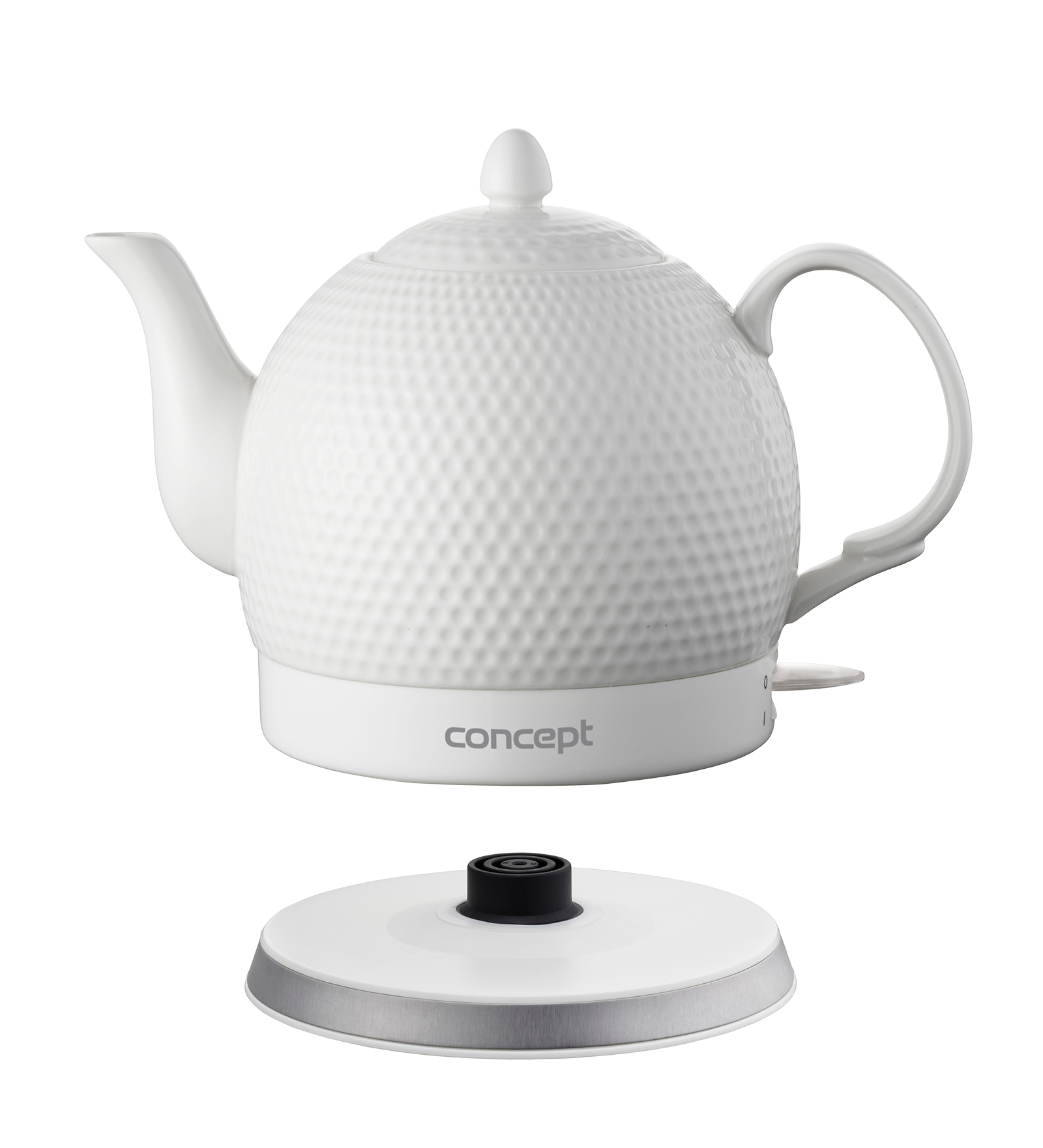 Biały czajnik elektryczny z sferycznym, teksturowanym korpusem, z pokrywką i podstawą.