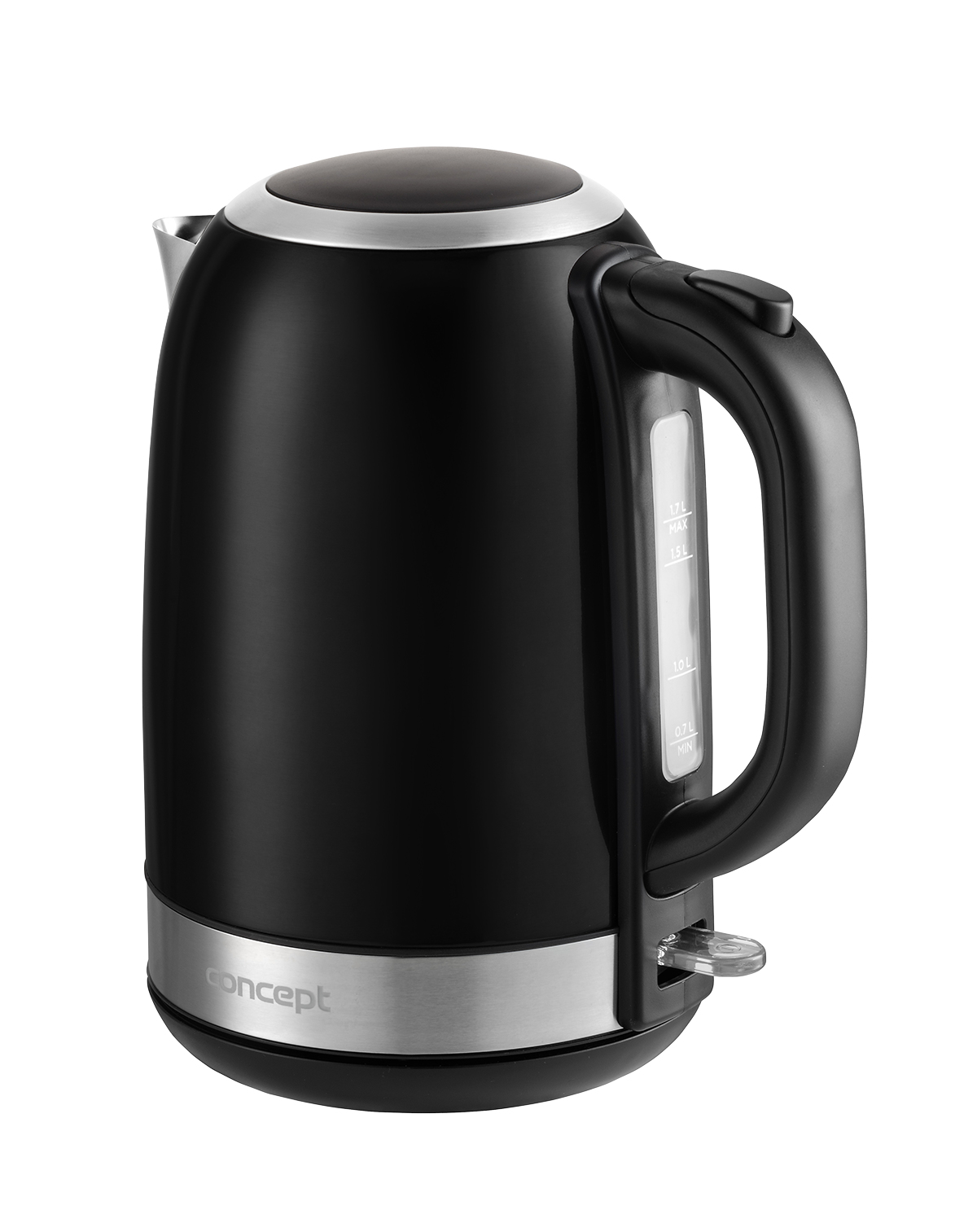 Czarny czajnik elektryczny ze srebrną podstawą i białym okienkiem pomiarowym, na białym tle.