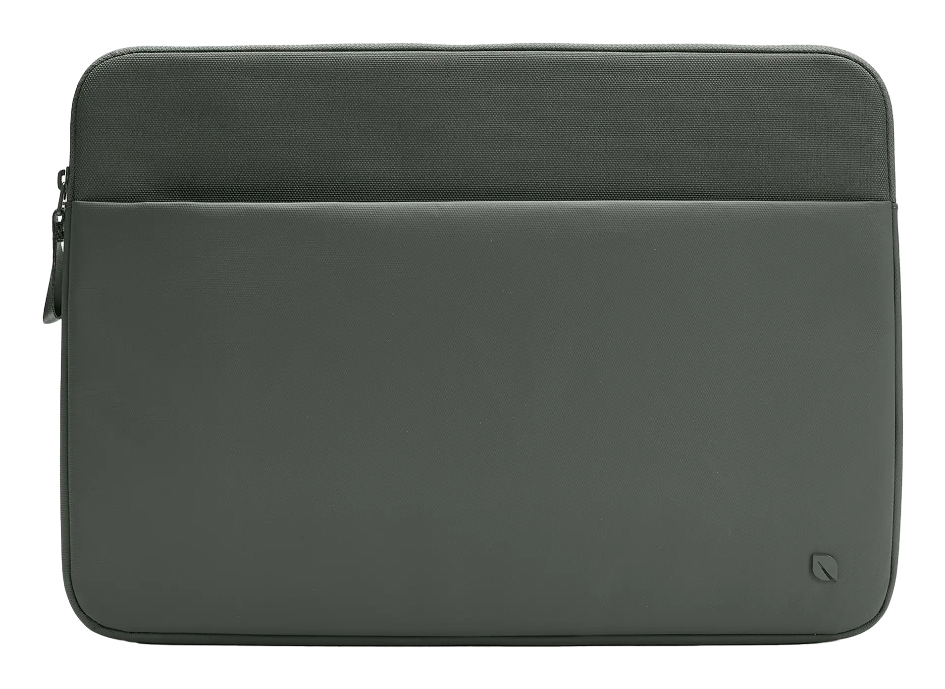 Custodia per laptop grigio scuro con cerniera e piccolo logo.