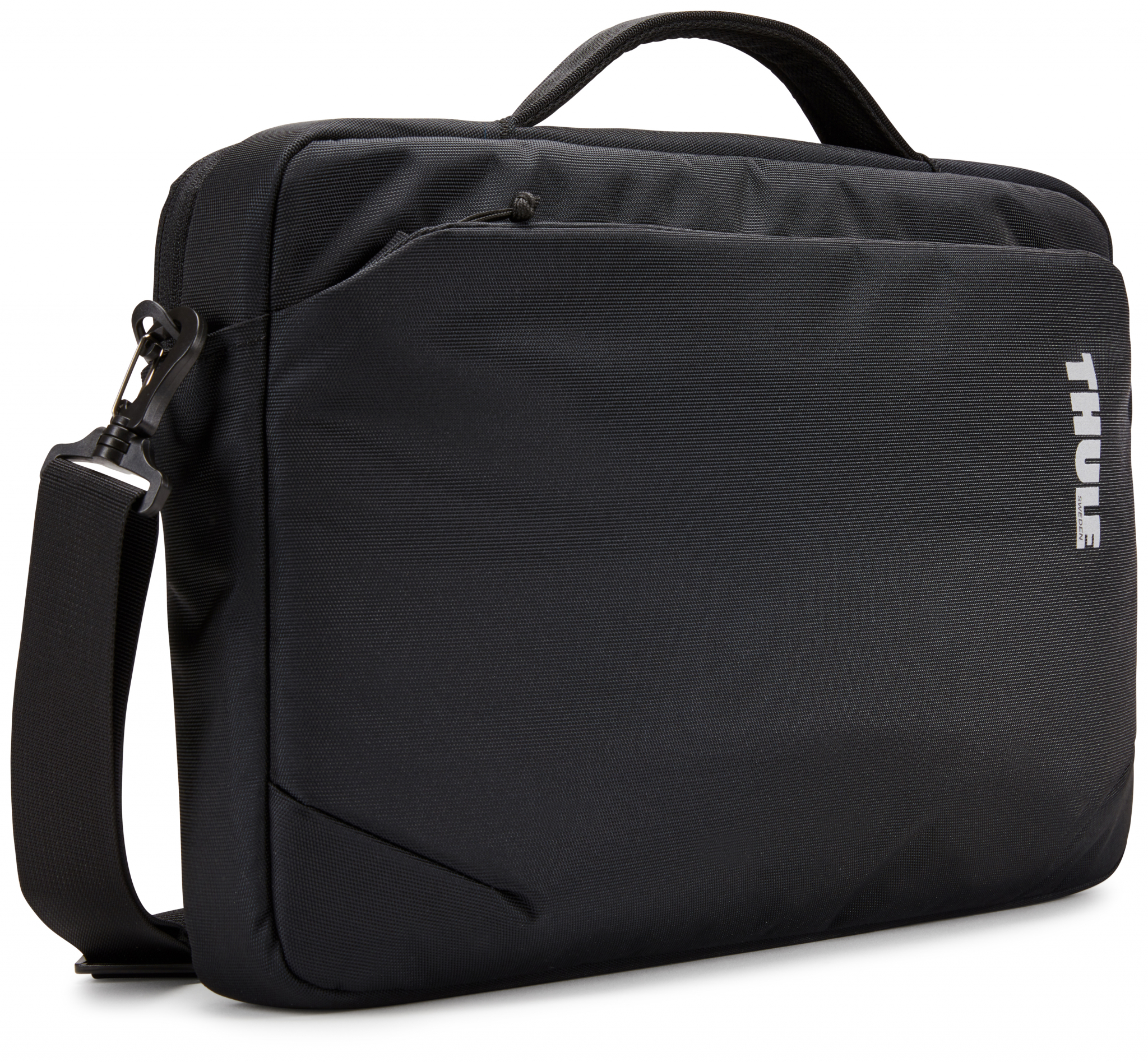 Borsa per laptop Thule nera con tracolla e tasca con cerniera.
