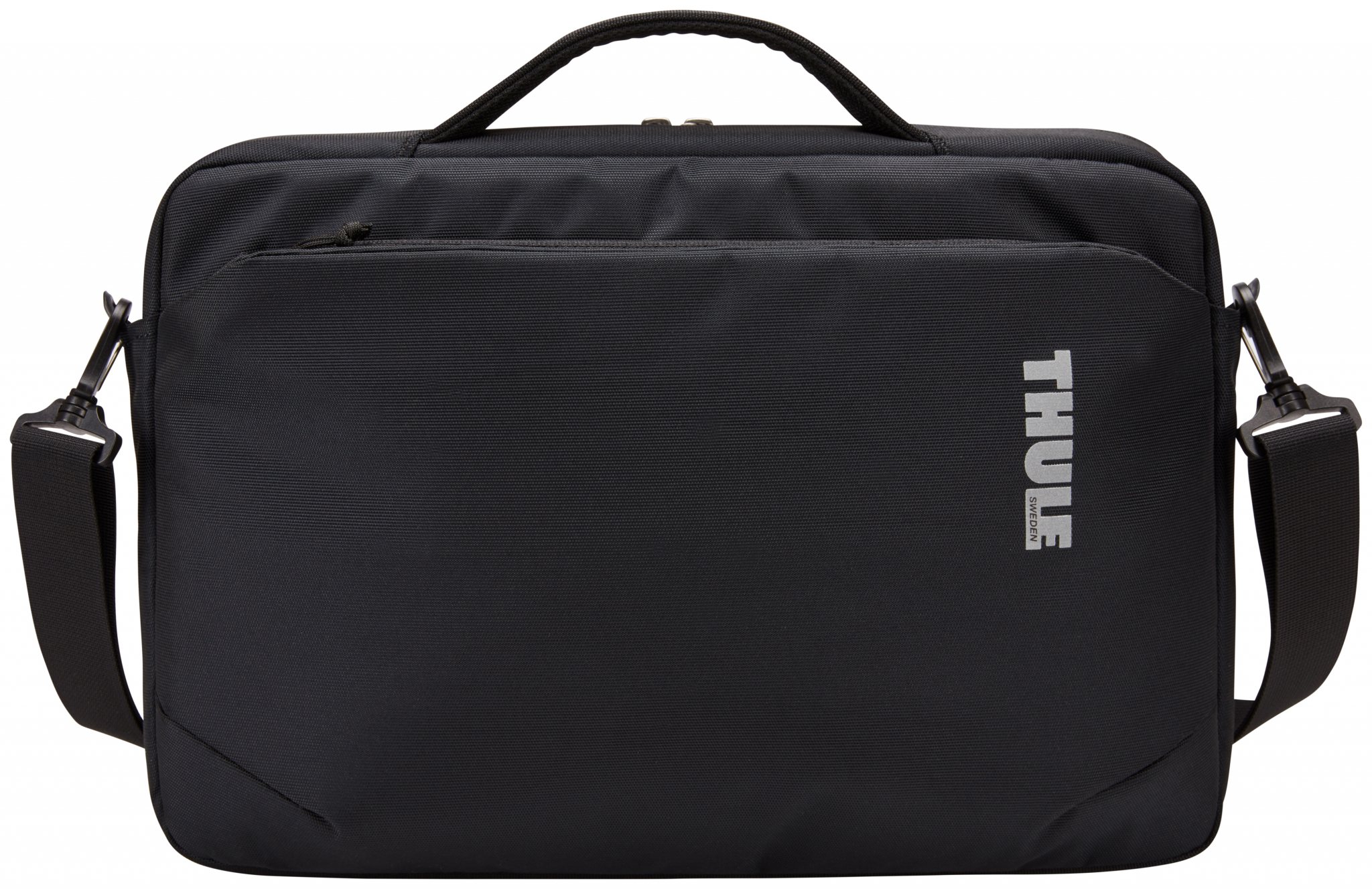 Una borsa per laptop Thule nera con tracolla e tasca frontale.