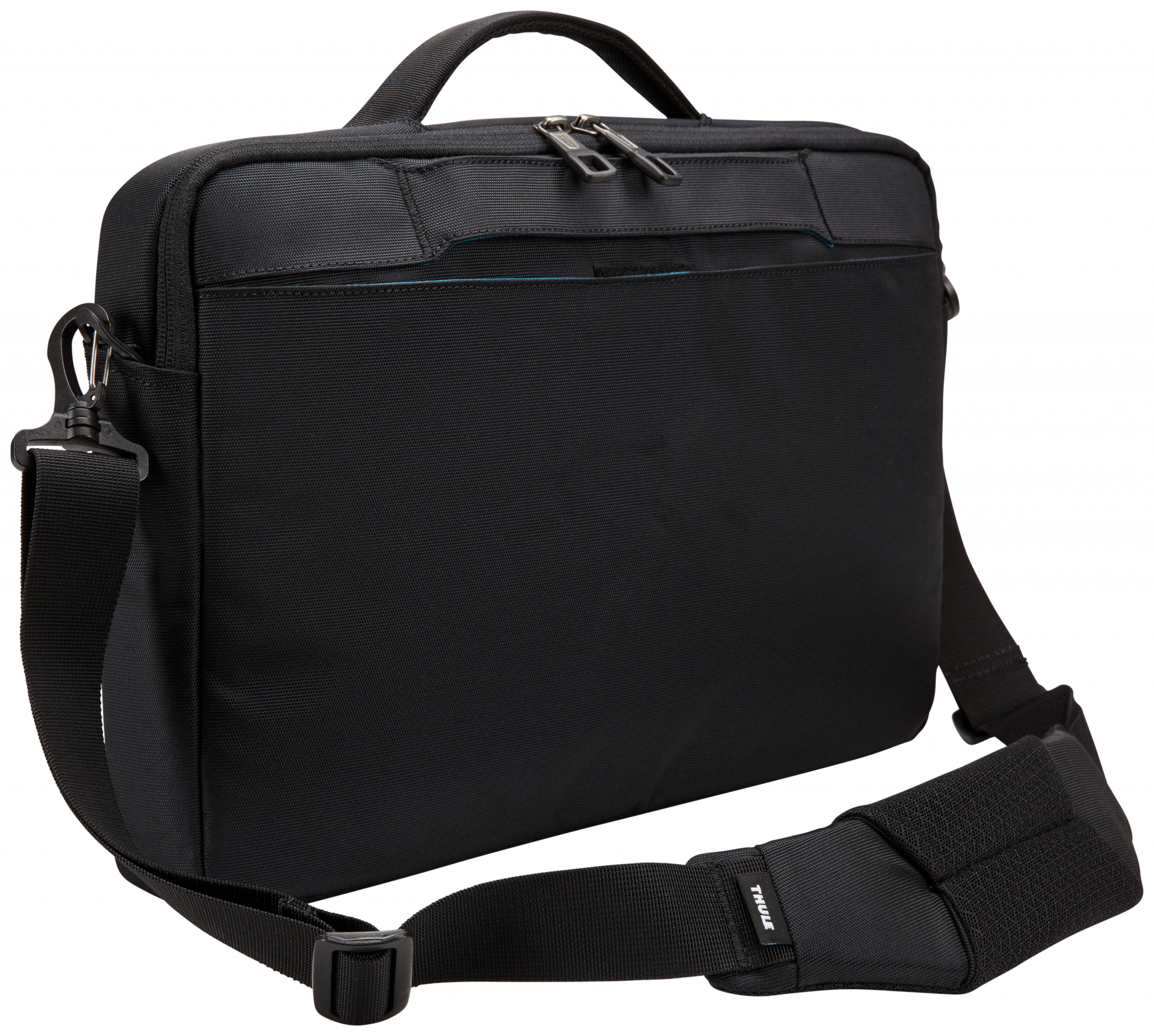 Una borsa per laptop nera con una tracolla. Ha cerniere e una maniglia.