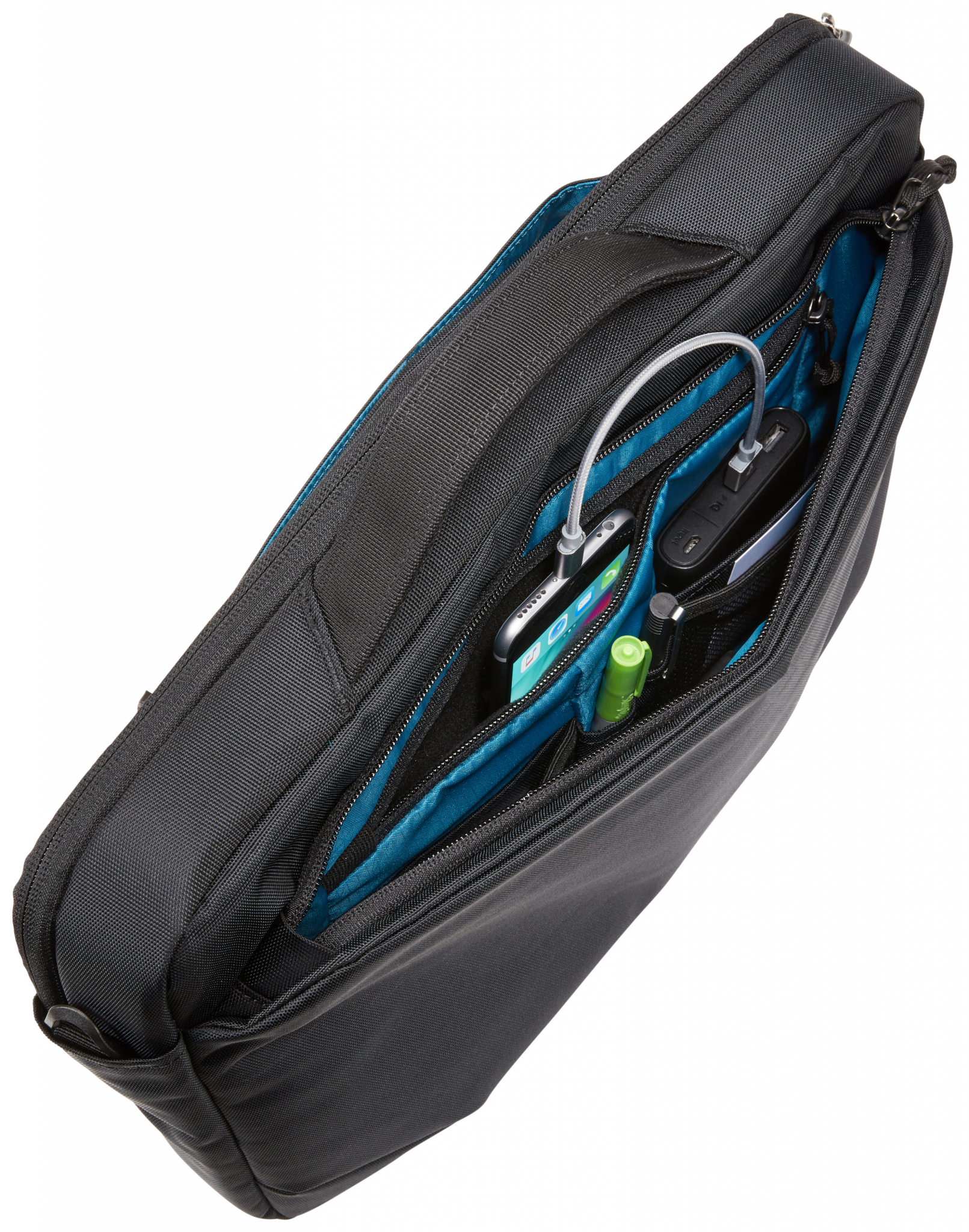 Una borsa per laptop nera aperta, che rivela scomparti con telefono, caricatore e altri oggetti.