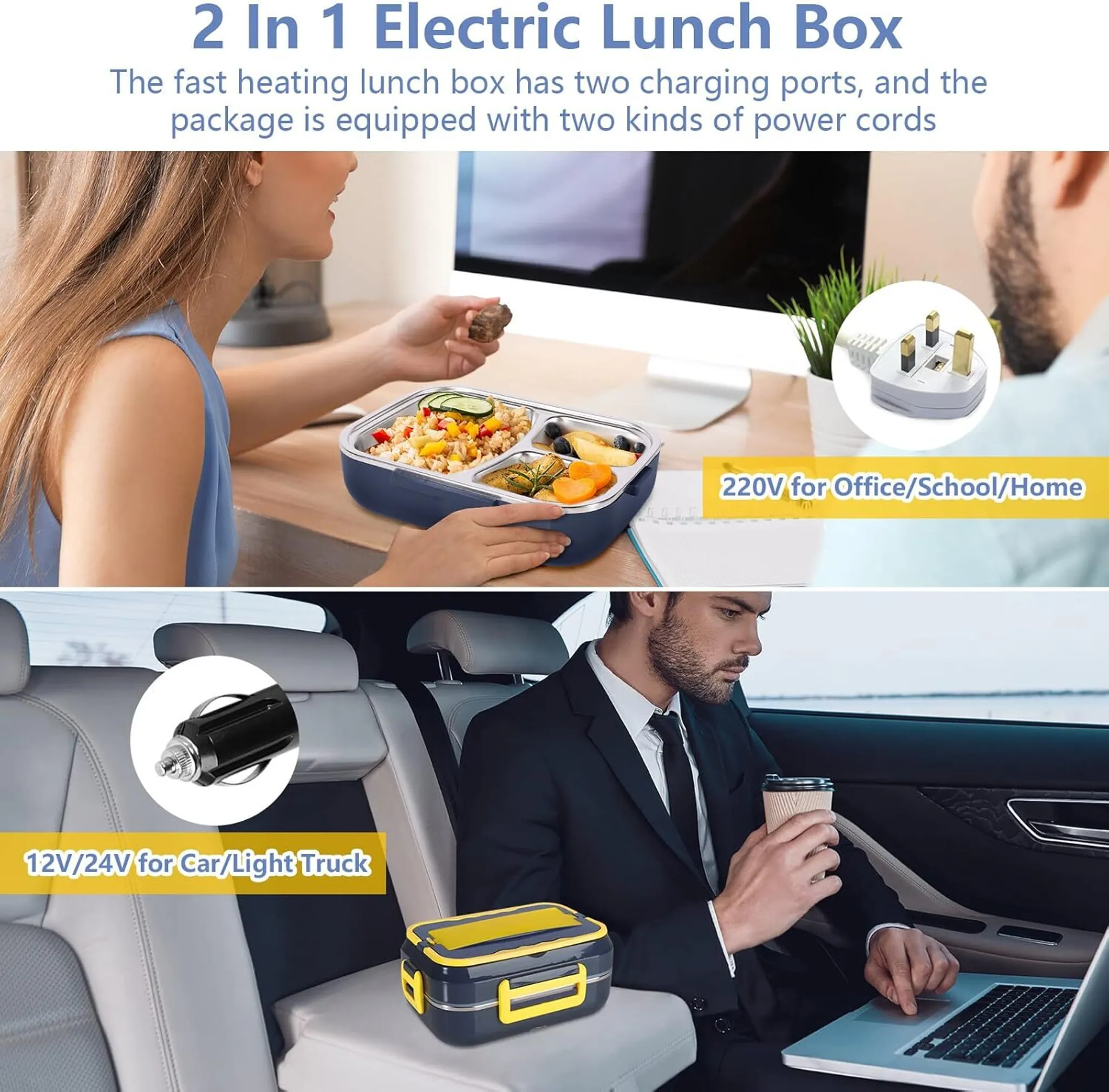 Eine Lunchbox mit Essen darin. Zwei Personen sind ebenfalls sichtbar, eine benutzt die Lunchbox, die andere einen Laptop.