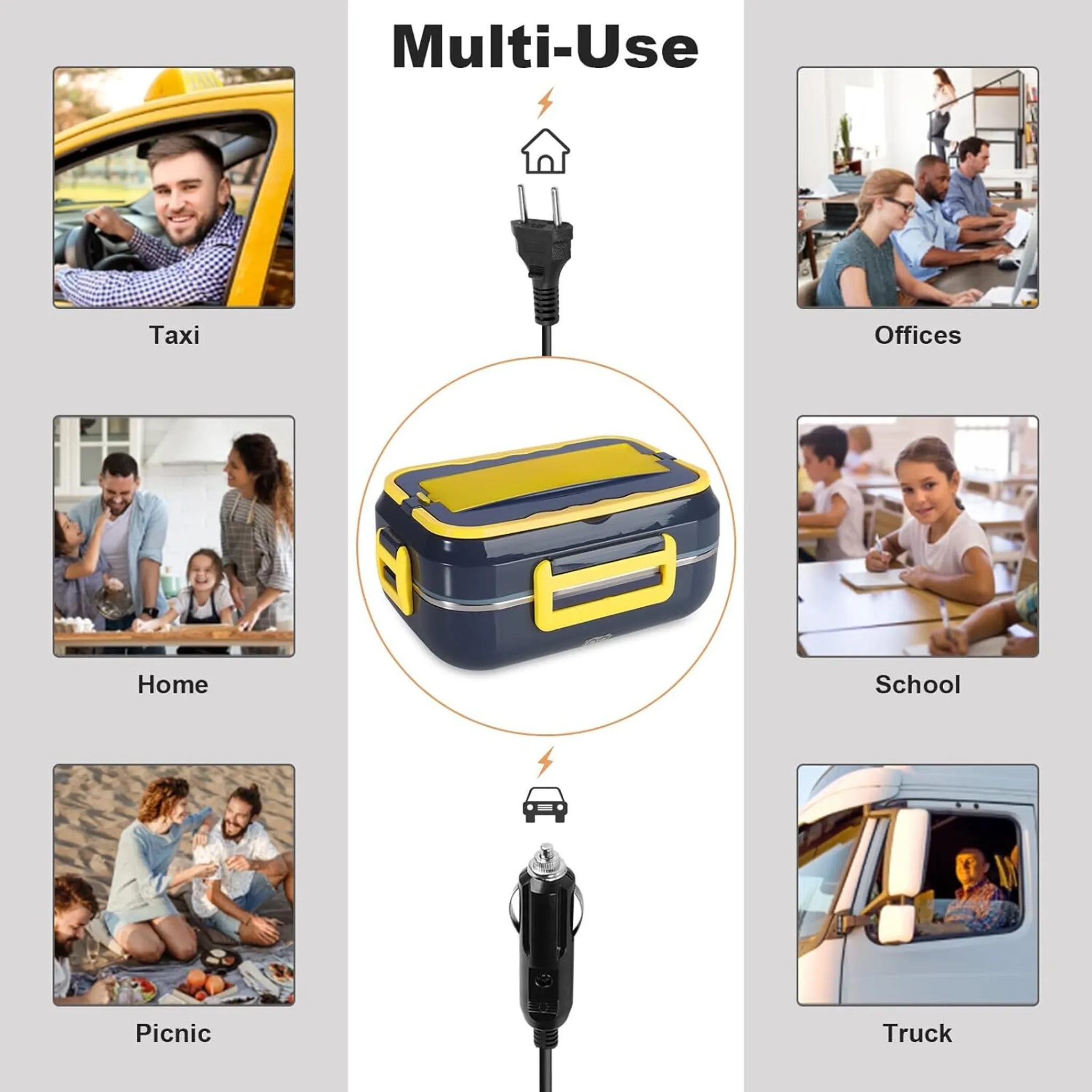Collage: Lunchbox, Stecker, Autostecker, Menschen in Taxi, Büro, Zuhause, Schule, Picknick, LKW.