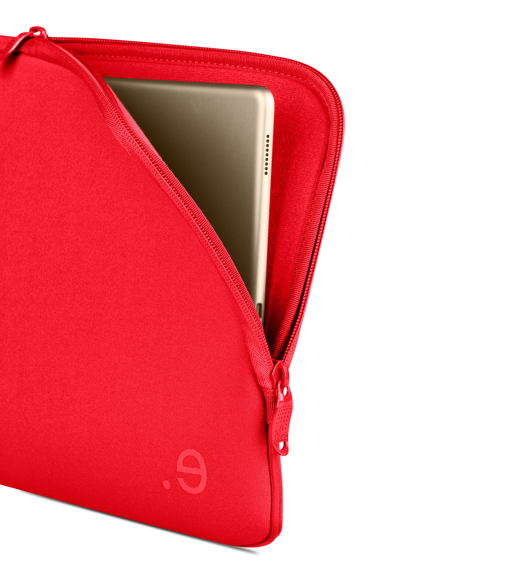 Una custodia rossa con un tablet dorato all'interno, parzialmente visibile, con cerniera.