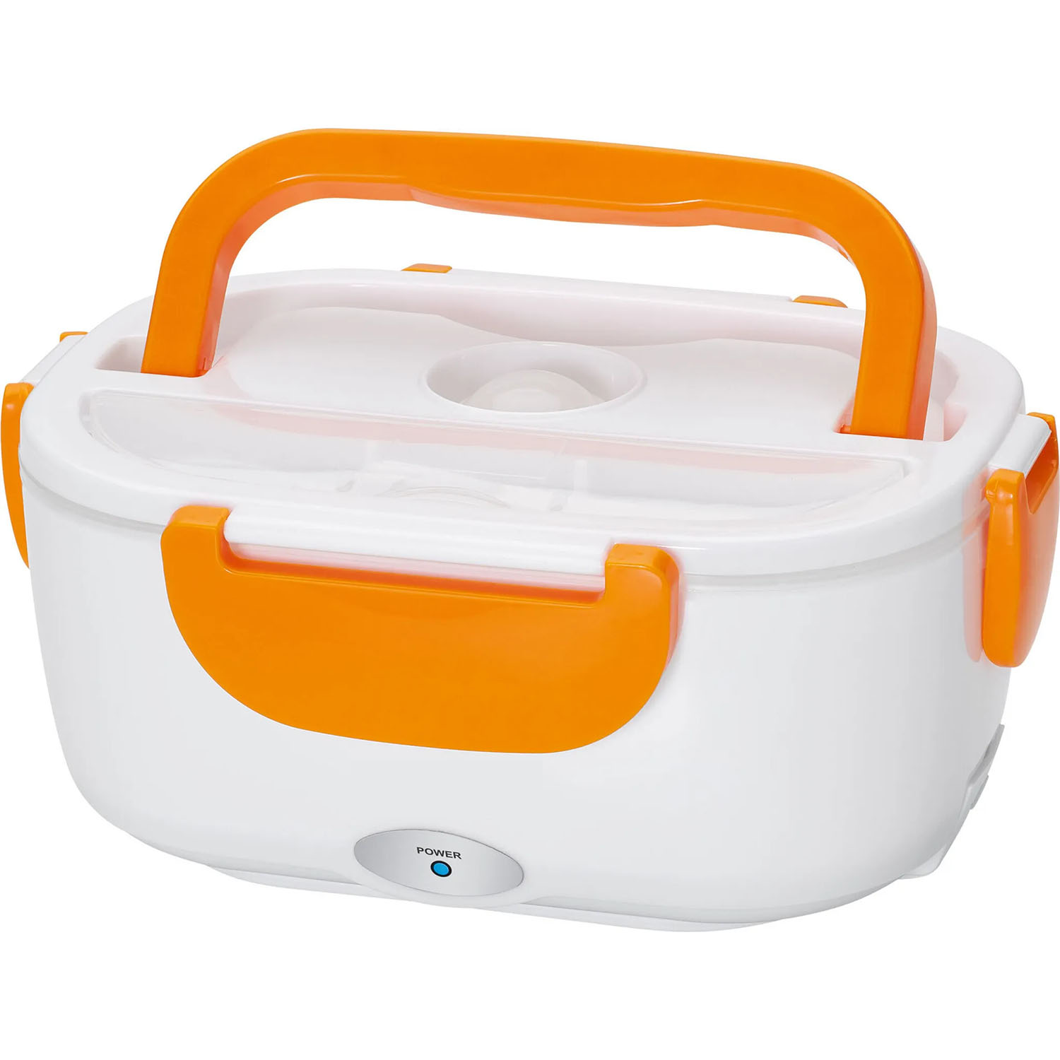 Eine weiße und orangefarbene Lunchbox mit Griff, Verschlüssen und einem Ein-Aus-Knopf, isoliert auf Weiß.