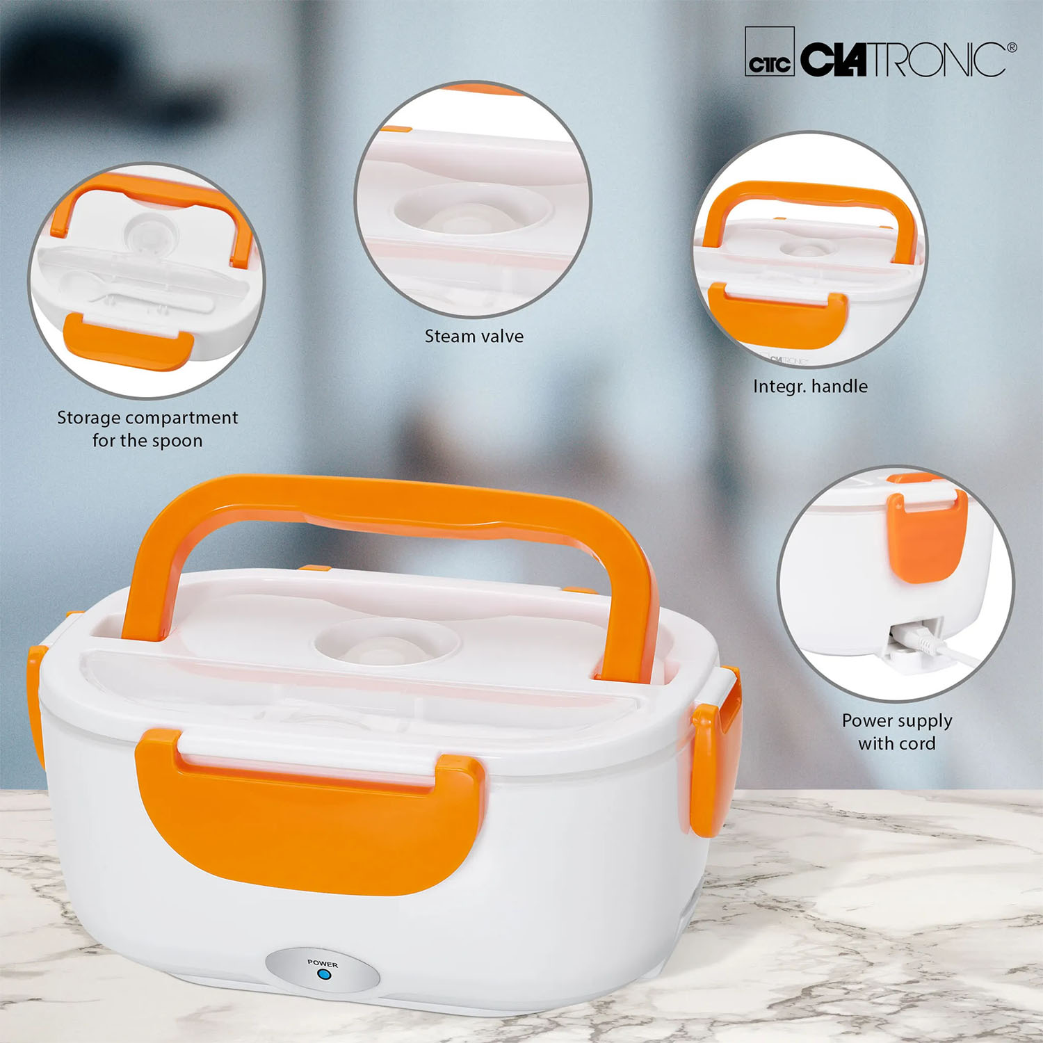 Weiße und orangefarbene Lunchbox mit der Marke Clatronic, mit Griff und Netzkabel.