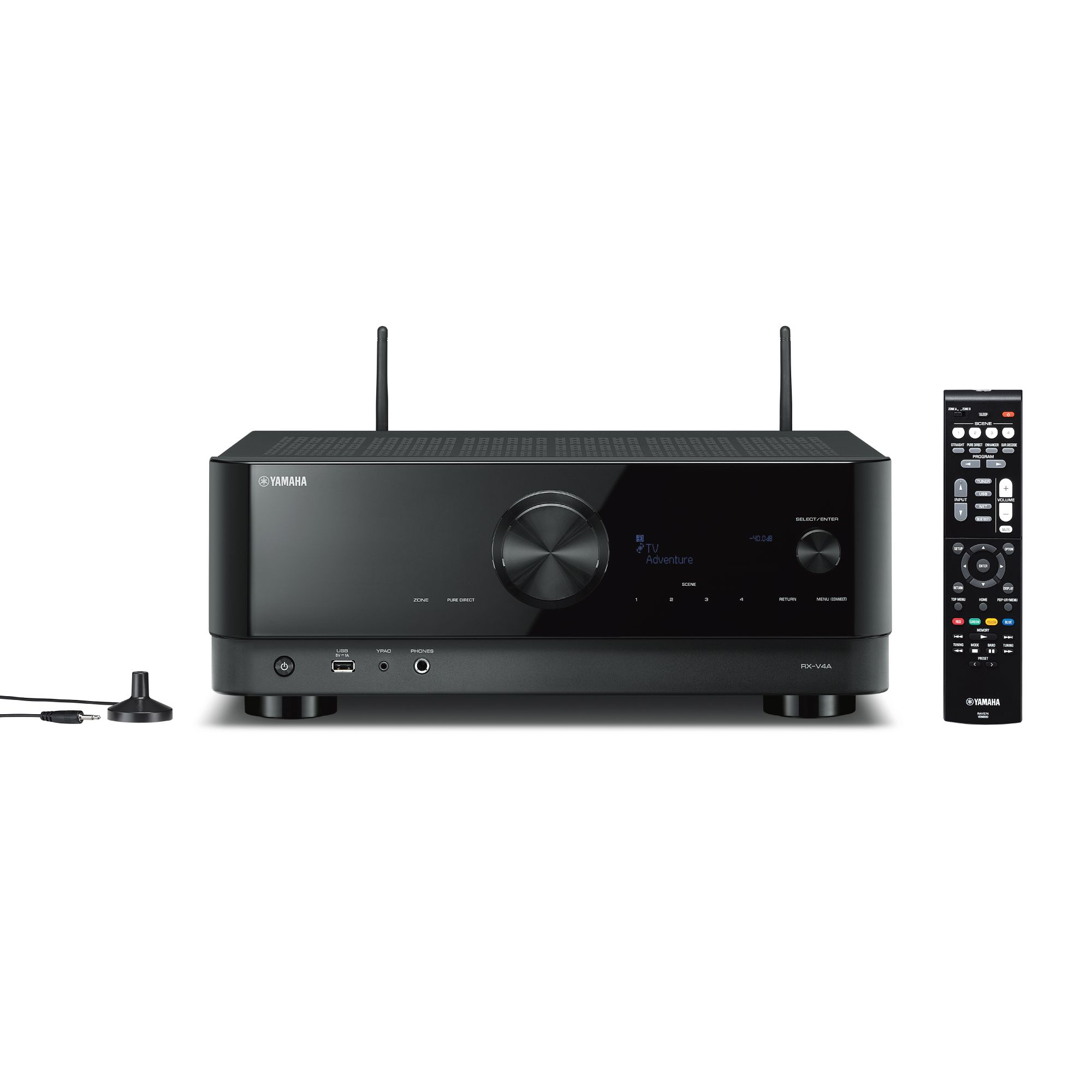 Schwarzer Yamaha-Receiver mit Fernbedienung, Antenne und Zubehör auf Weiß.