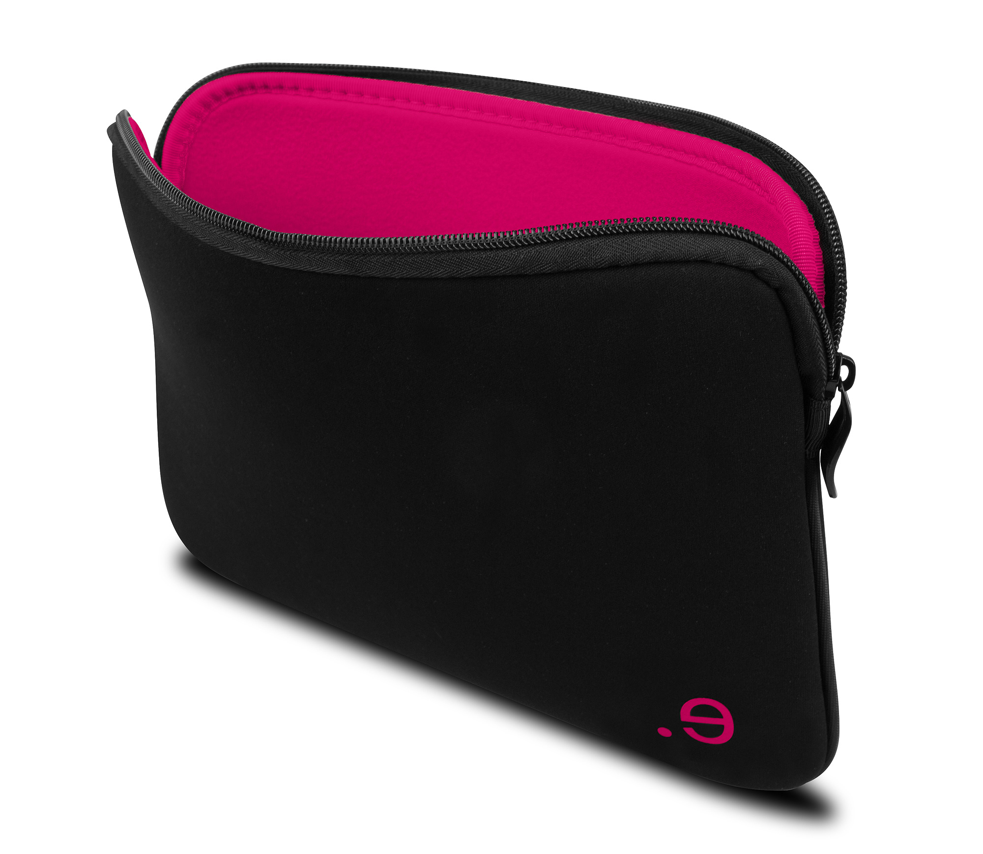 Custodia per laptop nera con interno rosa. La custodia è aperta e ha un logo rosa.
