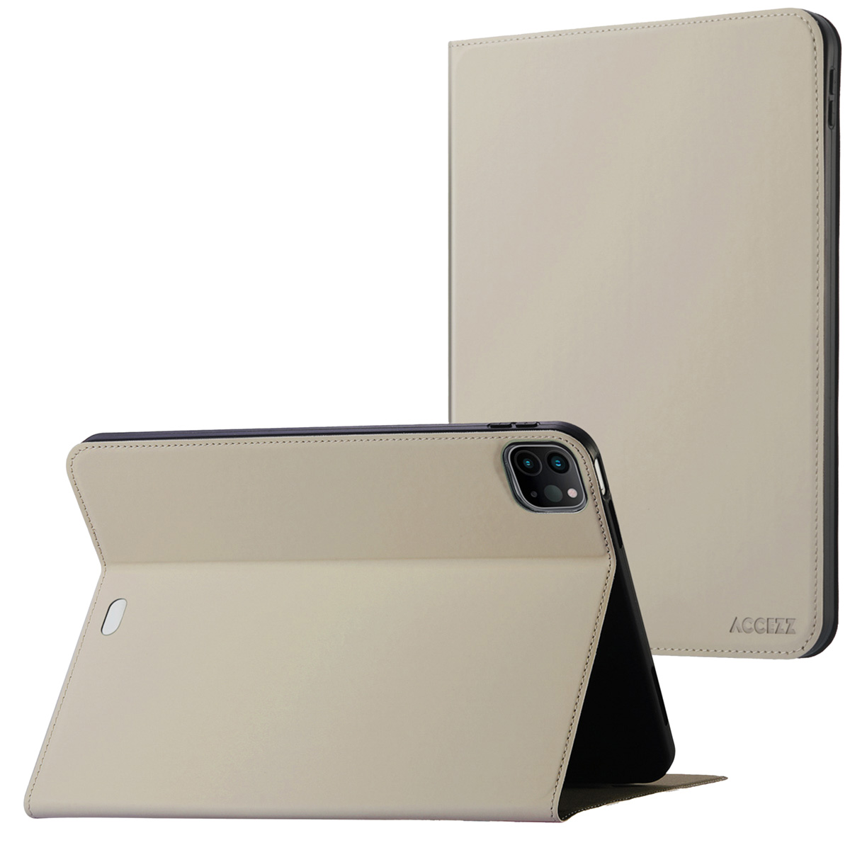 Een witte en beige iPad-hoes, open, met een iPad erin, en een gesloten.